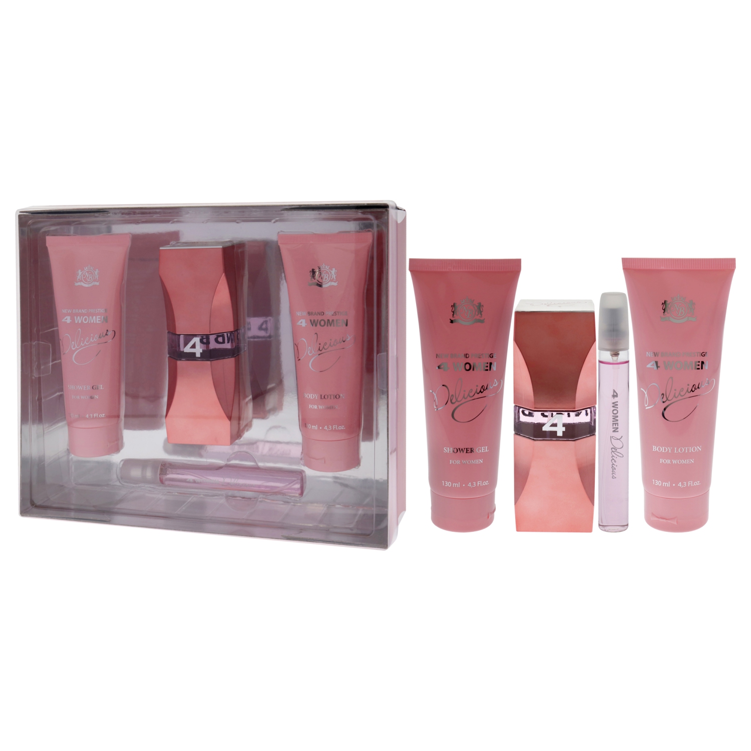 Prestige 4 Woman Delicious by New Brand for Women - 4 Pc Gift Set 3.3oz EDP Spray, 0.5oz EDP Spray, 4.3oz Shower Gel, 4.3oz Body Lotion