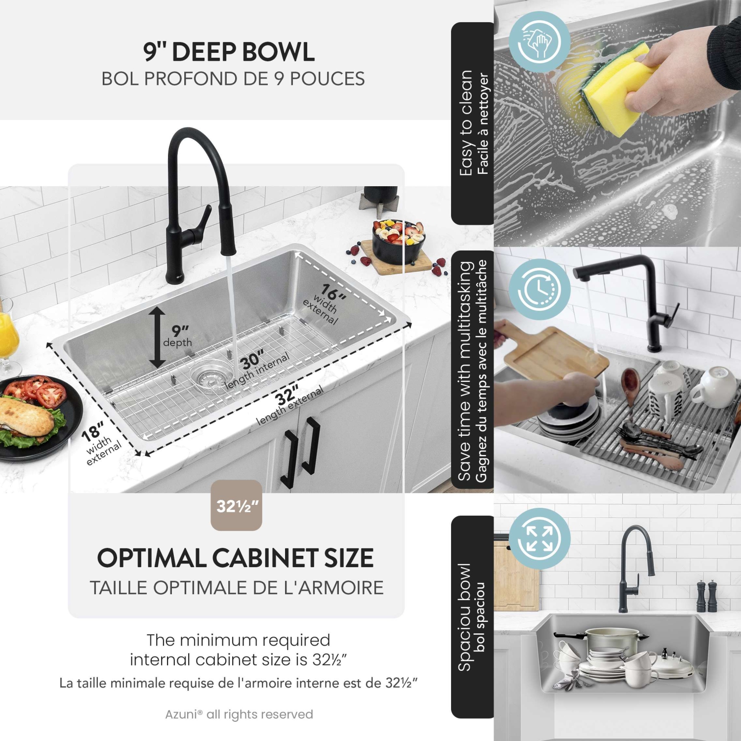 AZUNI Dual Mount 32" Single-Bowl Stainless Steel Kitchen Sink C132