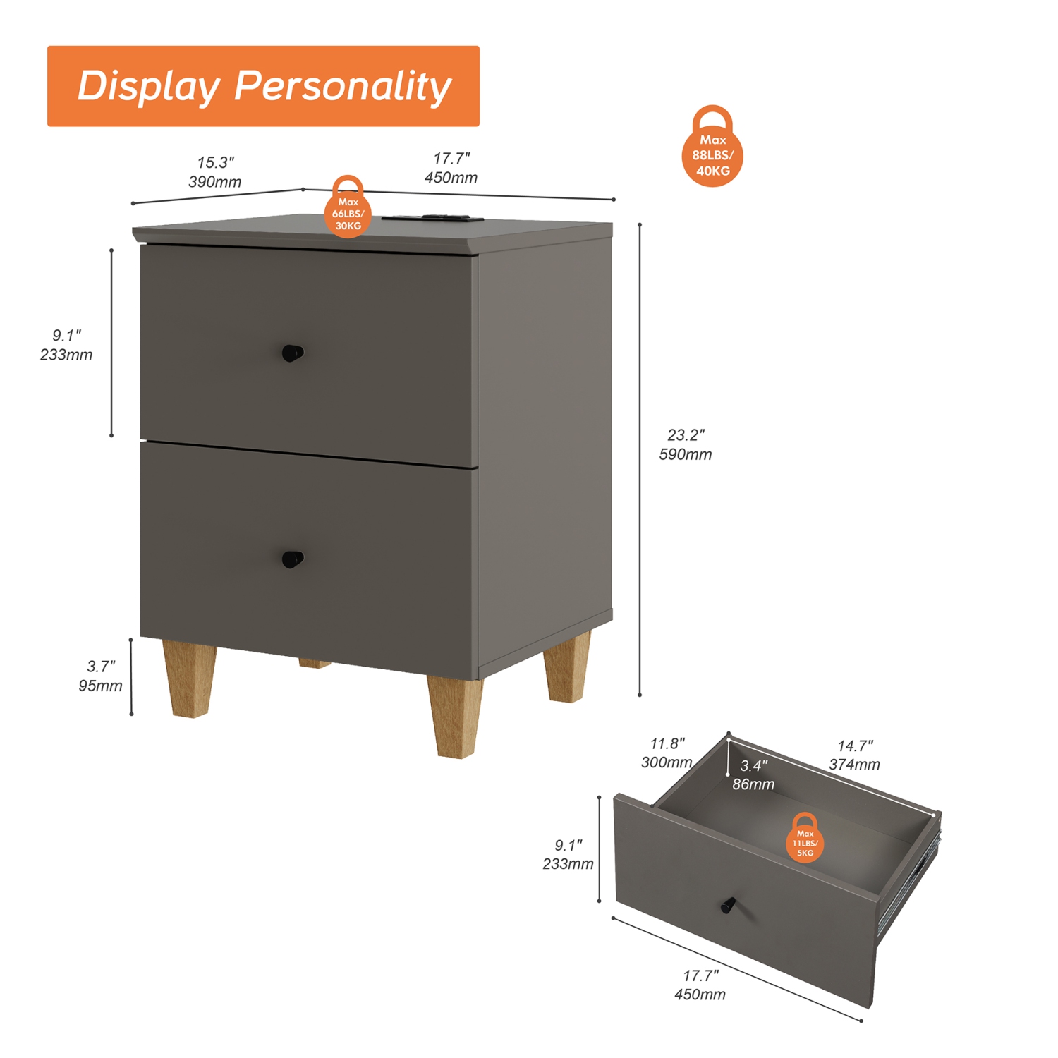 WAMPAT Set of 2 Nightstands with Charging Station &2 Drawers Storage Shelf, Modern End Tables Farmhouse Wood Bedside Table for Living Room and