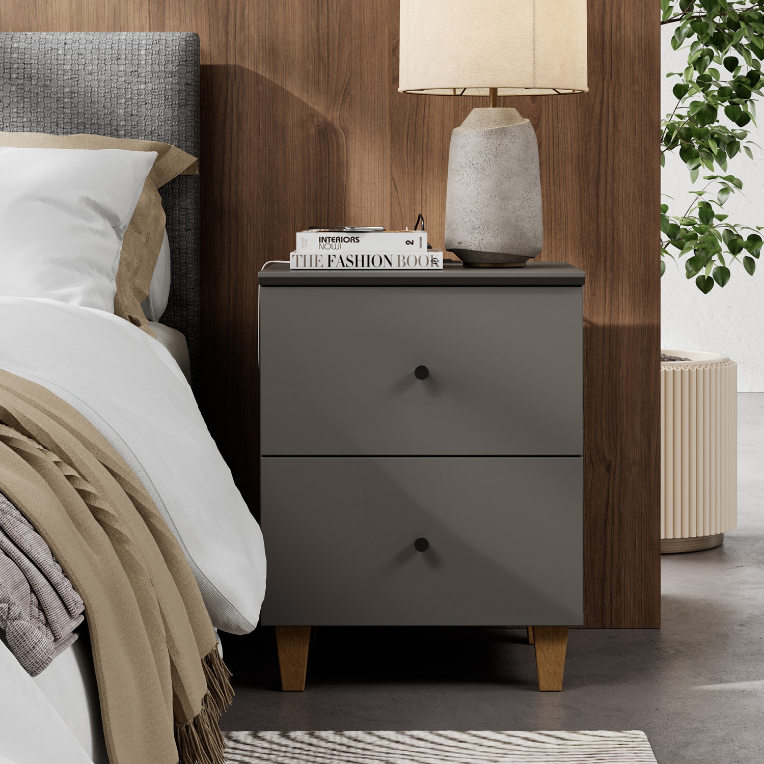 WAMPAT Set of 2 Nightstands with Charging Station &2 Drawers Storage Shelf, Modern End Tables Farmhouse Wood Bedside Table for Living Room and