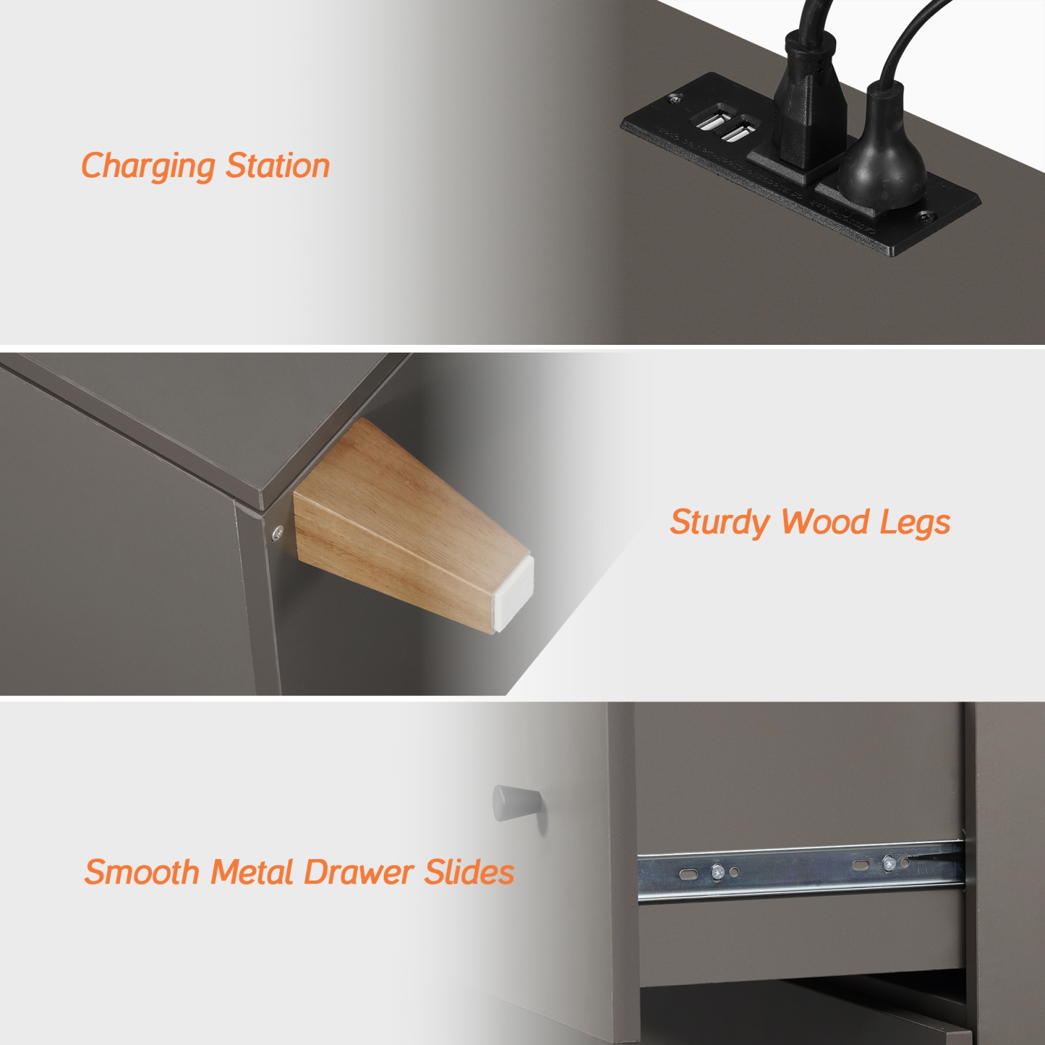 WAMPAT Nightstand with Charging Station &2 Drawers Storage Shelf, Modern End Tables for Living Room and Bedroom,Dark Grey