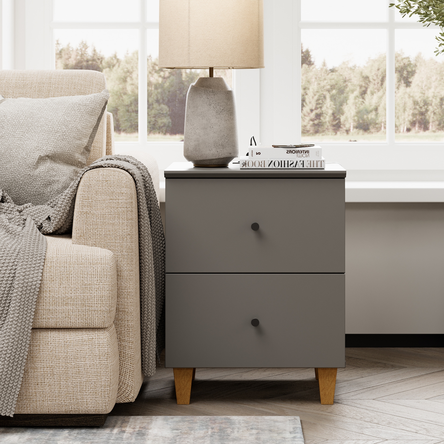 WAMPAT Nightstand with Charging Station &2 Drawers Storage Shelf, Modern End Tables for Living Room and Bedroom,Dark Grey