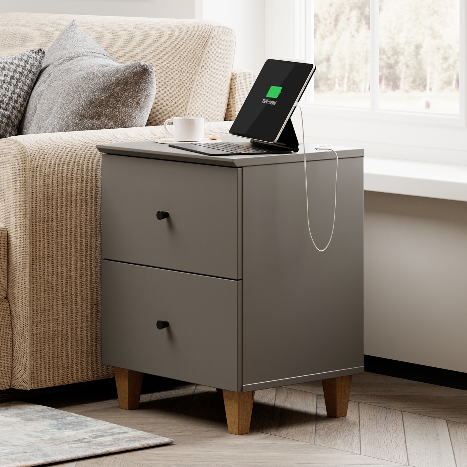 WAMPAT Nightstand with Charging Station &2 Drawers Storage Shelf, Modern End Tables for Living Room and Bedroom,Dark Grey