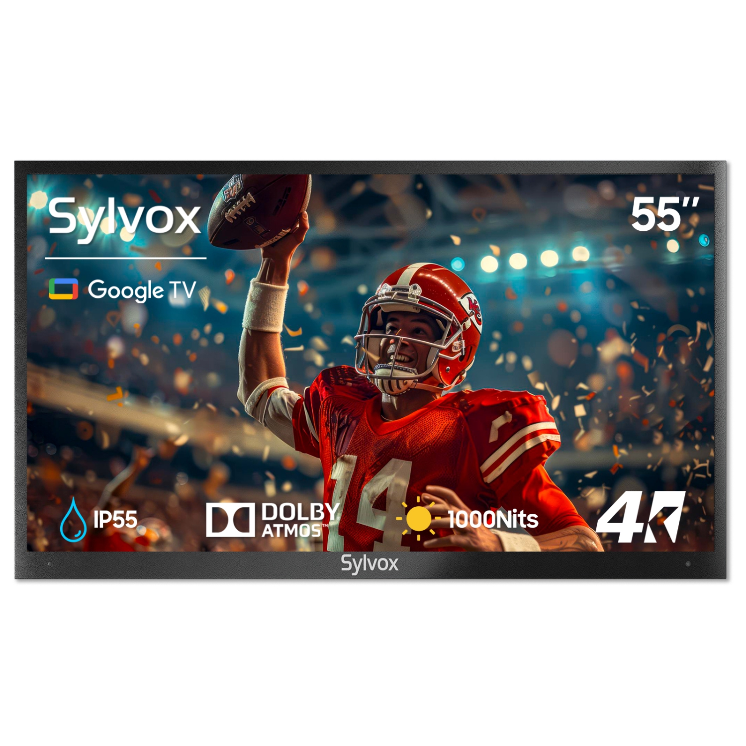 SYLVOX Outdoor TV, 55" Google System Smart TV Built-in Google Assistant, Chormecast, 4K 1000nits Outside Television, IP55 Waterproof TV for Partial Sun (Deck Pro 2.0)