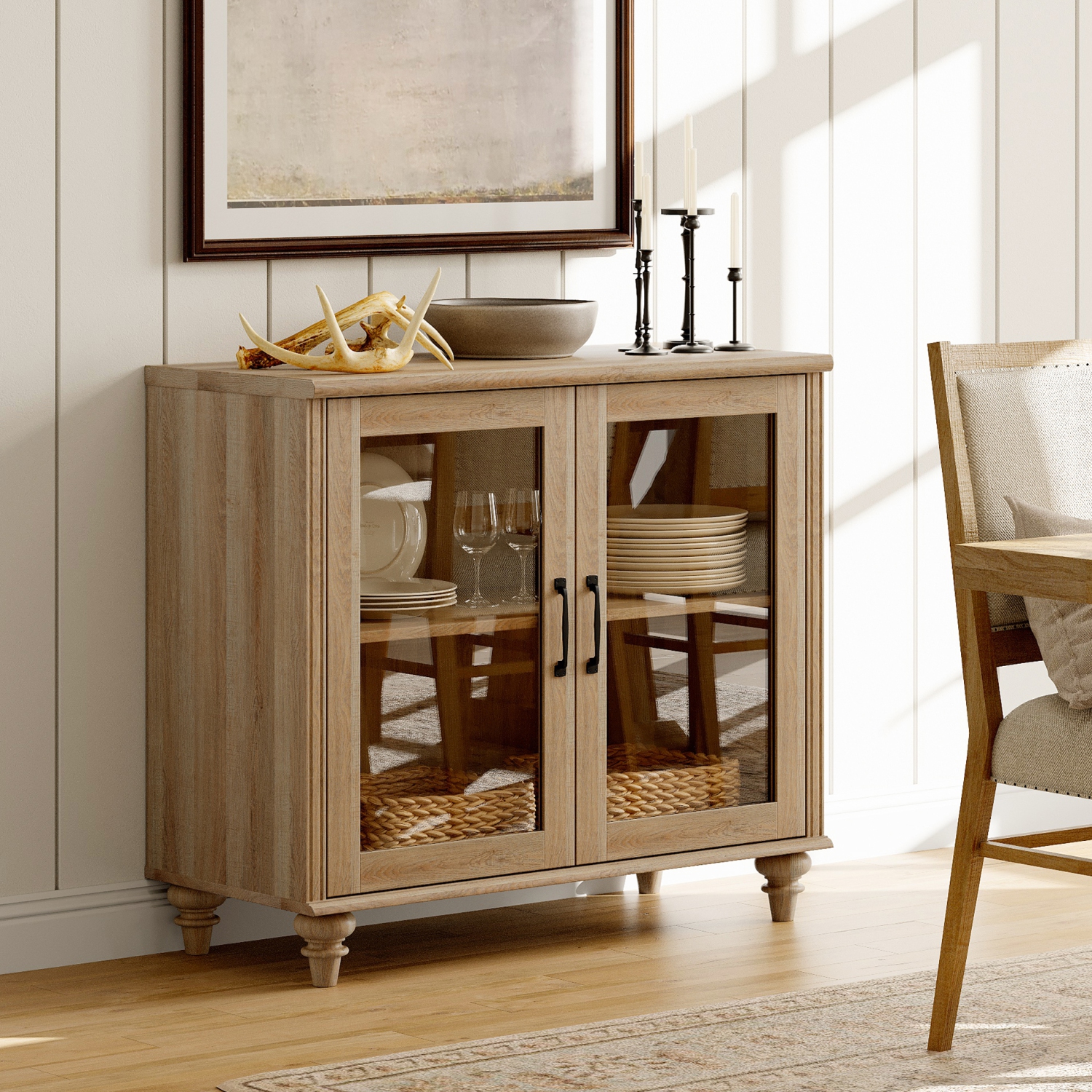 WAMAPT Sideboard Buffet Cabinet with Glass Door,Kitchen Storage Cabinets,Wood Coffee Bar Tables with Adjustable Shelf,Accent Sideboard Storage