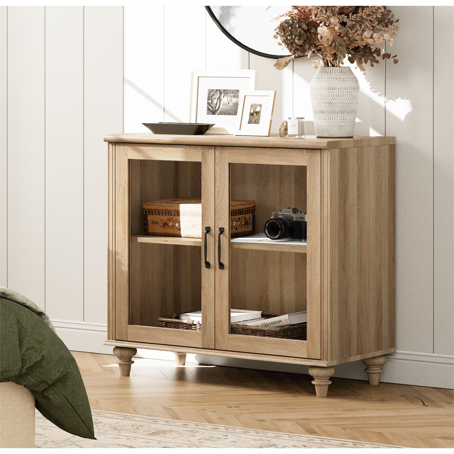 WAMAPT Sideboard Buffet Cabinet with Glass Door,Kitchen Storage Cabinets,Wood Coffee Bar Tables with Adjustable Shelf,Accent Sideboard Storage