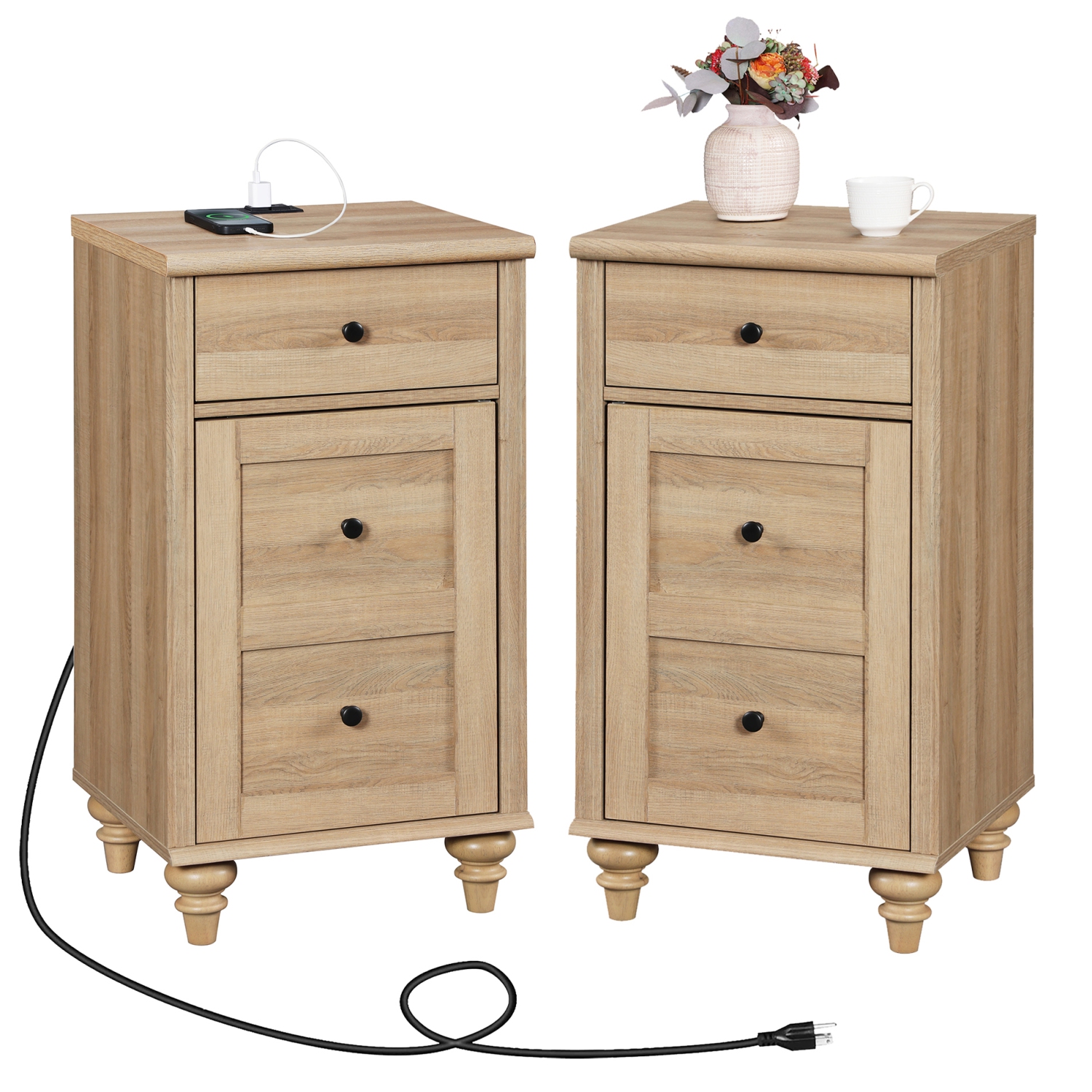 WAMPAT Nightstand with Charging Station,Set of 2 End Table with Power Outlets&USB Ports for Living Room,Modern Side Table with Drawer and Storage