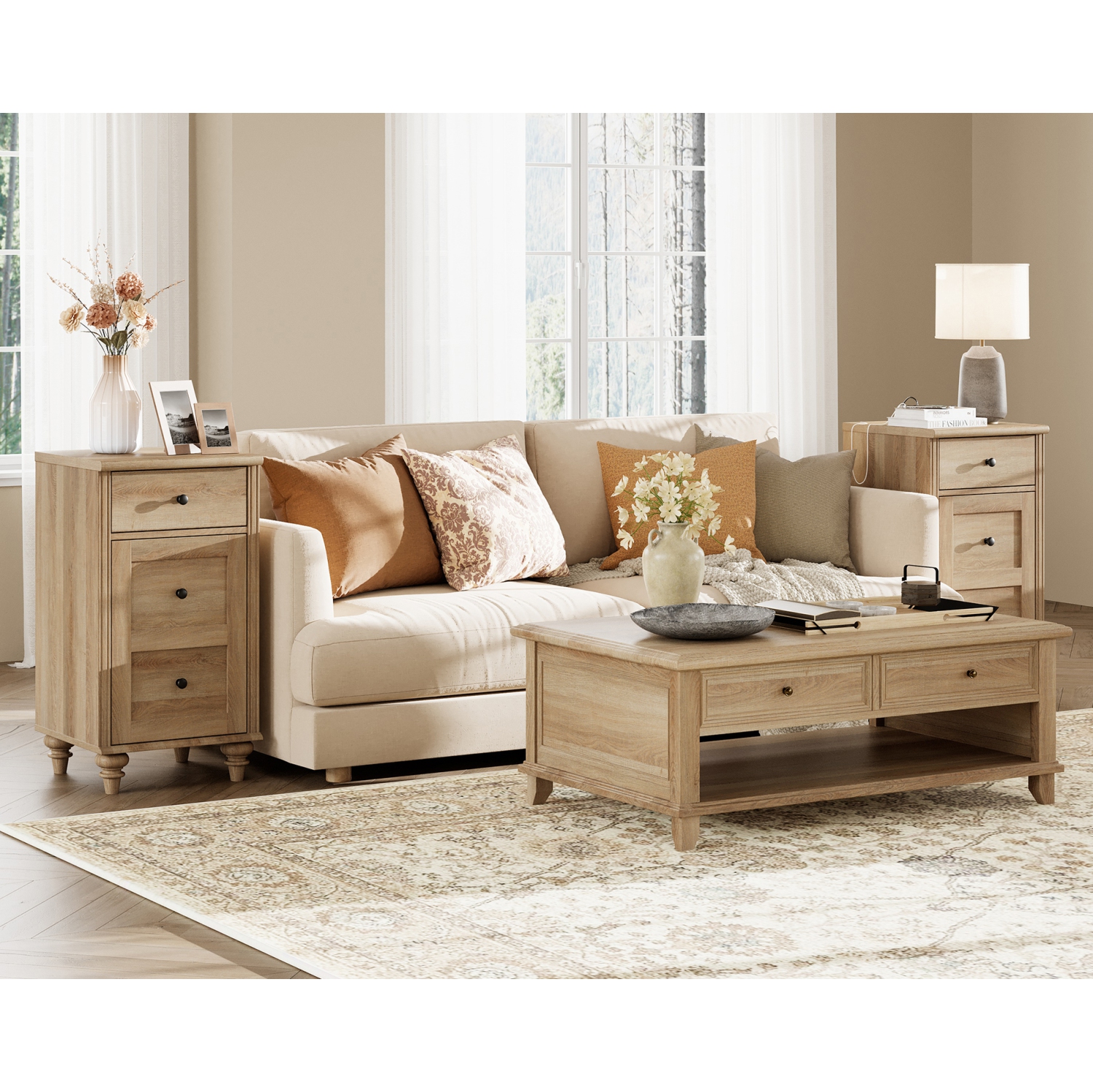 WAMPAT Nightstand with Charging Station,Set of 2 End Table with Power Outlets&USB Ports for Living Room,Modern Side Table with Drawer and Storage