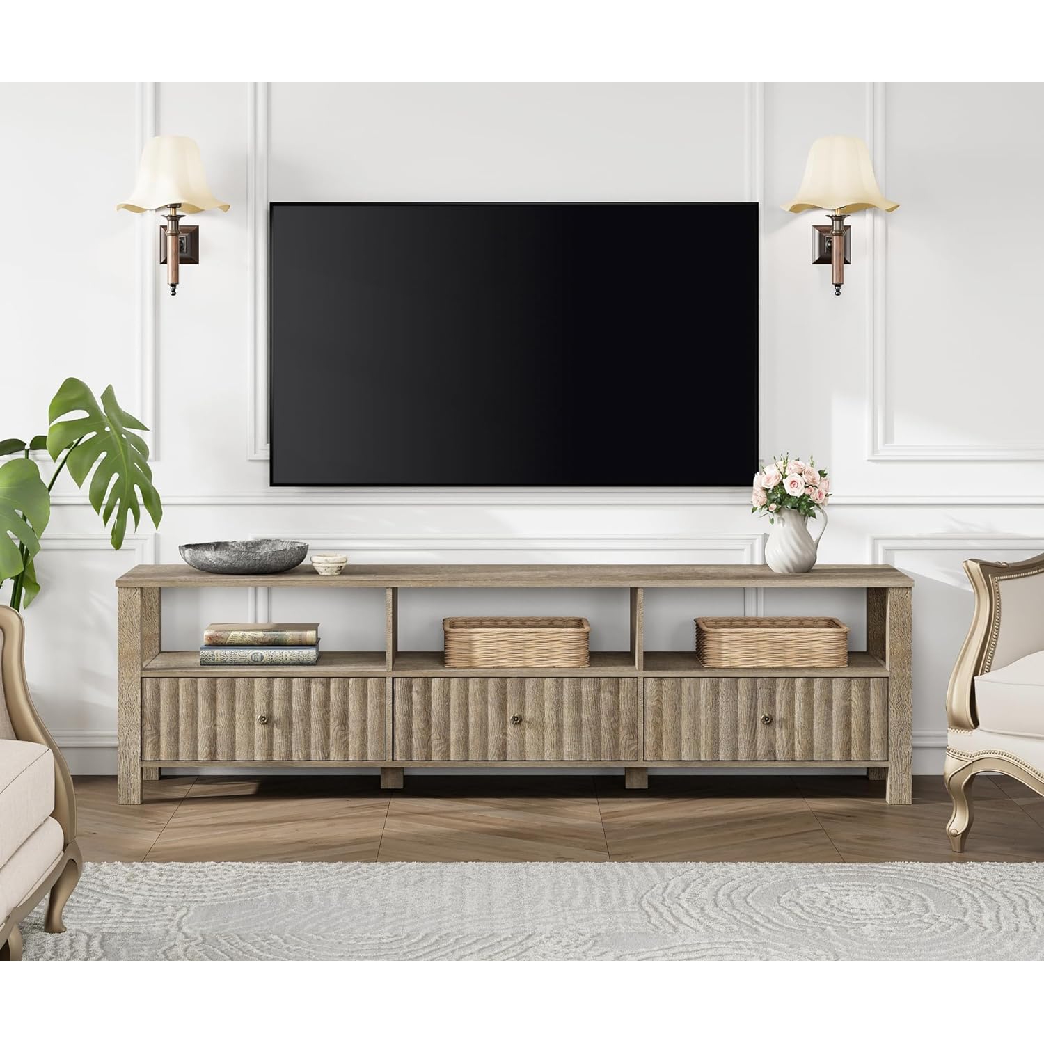 WAMPAT TV Stand for TVs up to 75 Inch,Brown Modern Entertainment Center for 80/70/65 inch TV Console Table with 6 Cubby Storage for Living Room Bedroom