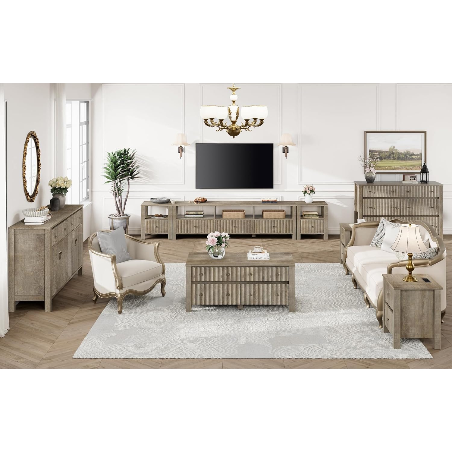 Meuble pour téléviseur WAMPAT pour téléviseur de 75 po ou moins, meuble de divertissement moderne brun pour console de téléviseur 80/70/65 po