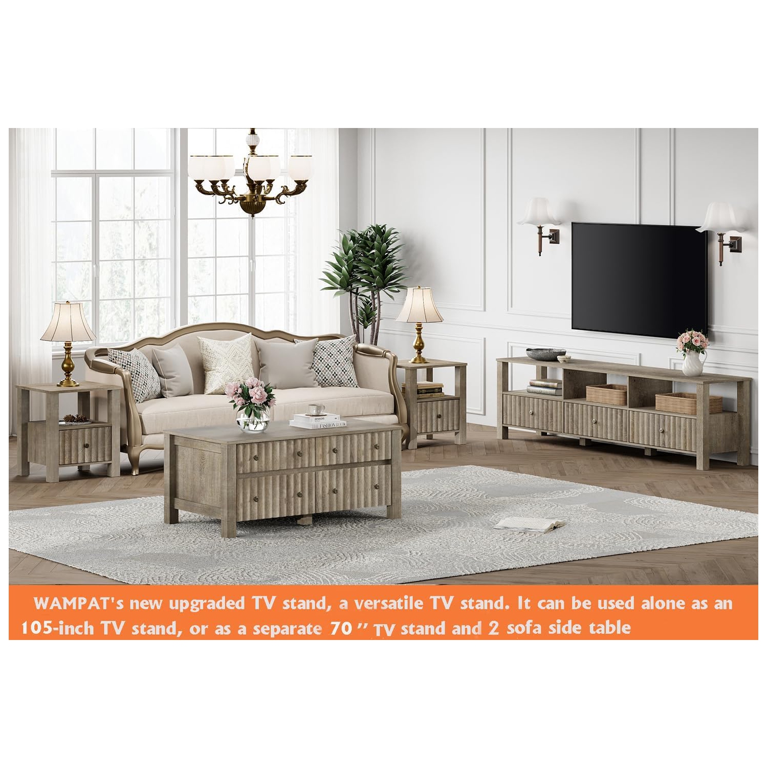 Meuble pour téléviseur WAMPAT pour téléviseur de 75 po ou moins, meuble de divertissement moderne brun pour console de téléviseur 80/70/65 po