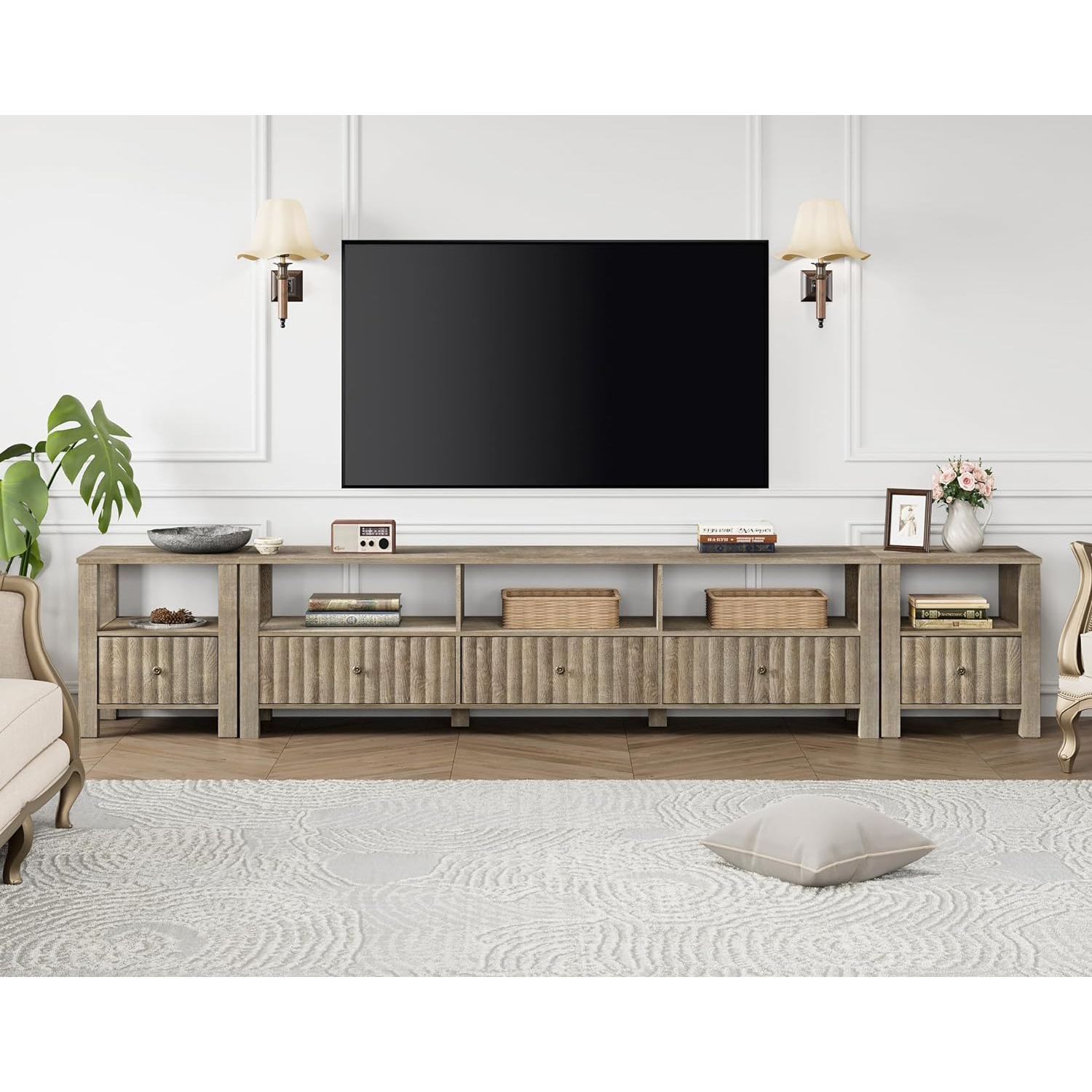 WAMPAT LED TV Stand for TVs up to 100 Inch, Modern Entertainment Center for 80/85/90 inch TV Console Table with 10 Storage Cubby, Brown End Tables Nightstands for Living Room