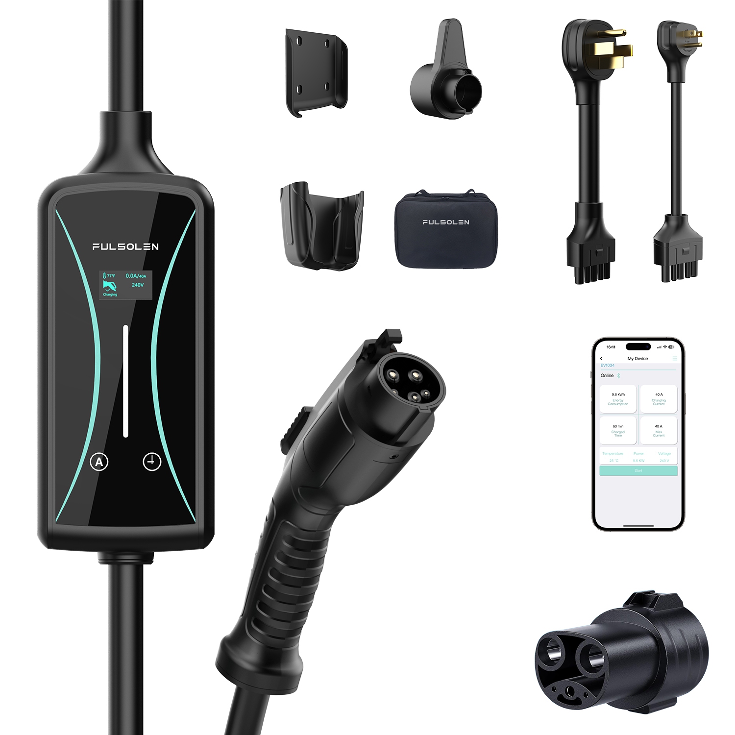 Fulsolen Level 2 EV Charger for Tesla, 40Amp/240V/9.6Kw EV Charger with J1772 to Tesla Adapter, Indoor/Outdoor Portable EV Charger with 22ft Cable, NEMA 5-15 and NEMA 14-50 Outlet
