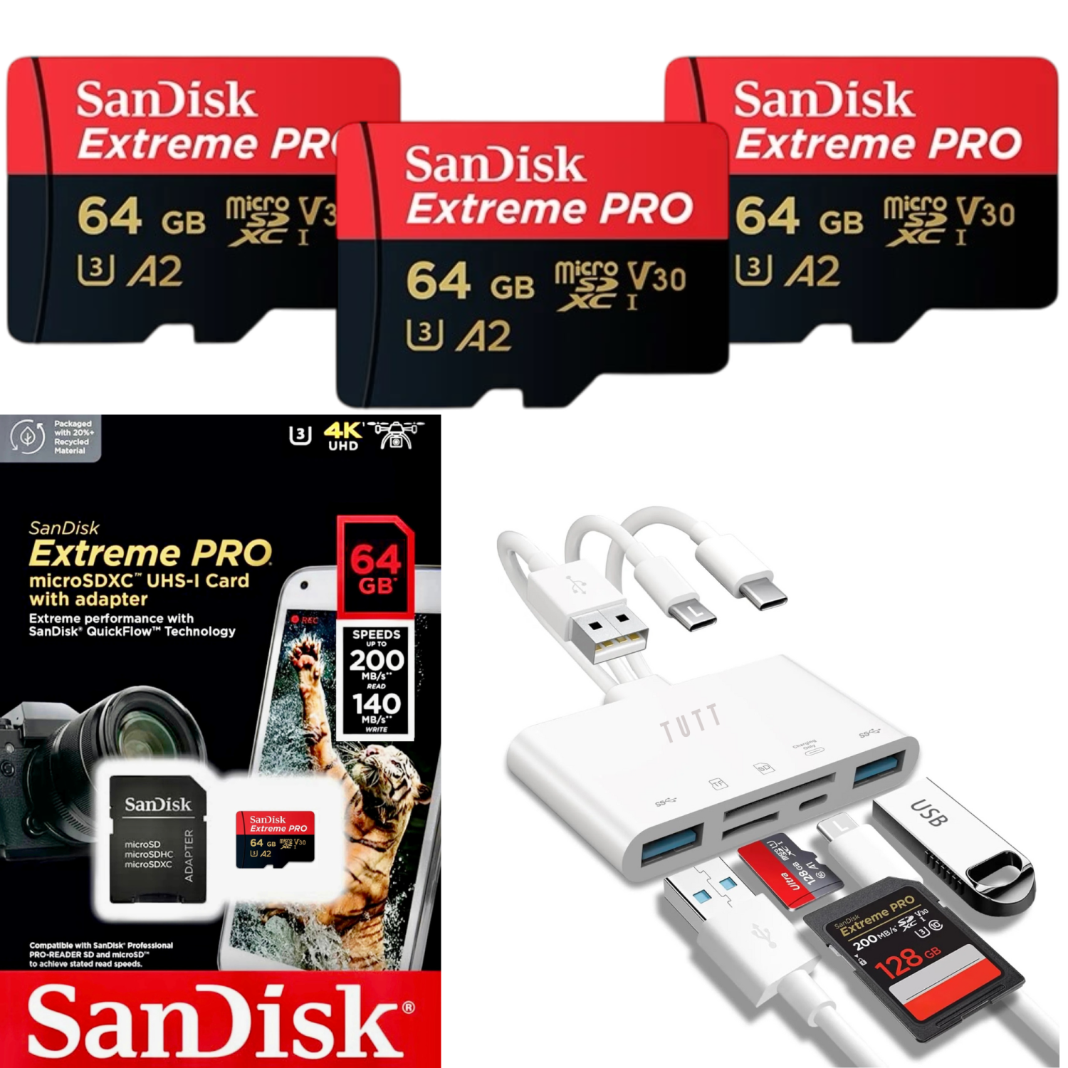 3 * SanDisk Extreme PRO® 64GB micro SD Card | Speed 200MB/s Read | 140MB/s Write | Extreme Performance SanDisk QuickFlow™ Technology | 5-in-1 Memory Card Reader Adapter | TUTT