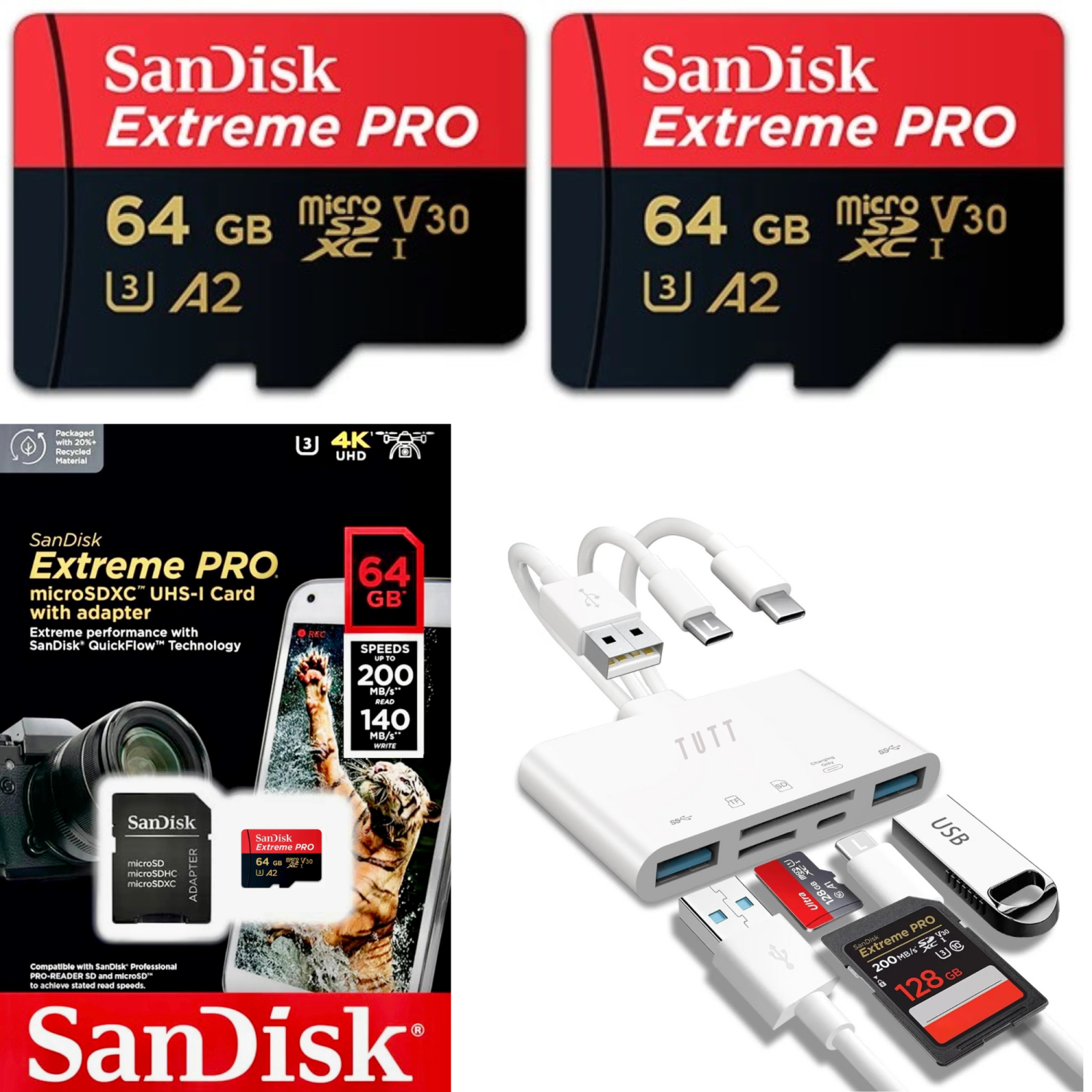 2 * SanDisk Extreme PRO® 64GB micro SD Card | Speed: 200MB/s Read | 140MB/s Write | Extreme Performance SanDisk QuickFlow™ Technology | 5-in-1 Memory Card Reader & Adapter | TUTT