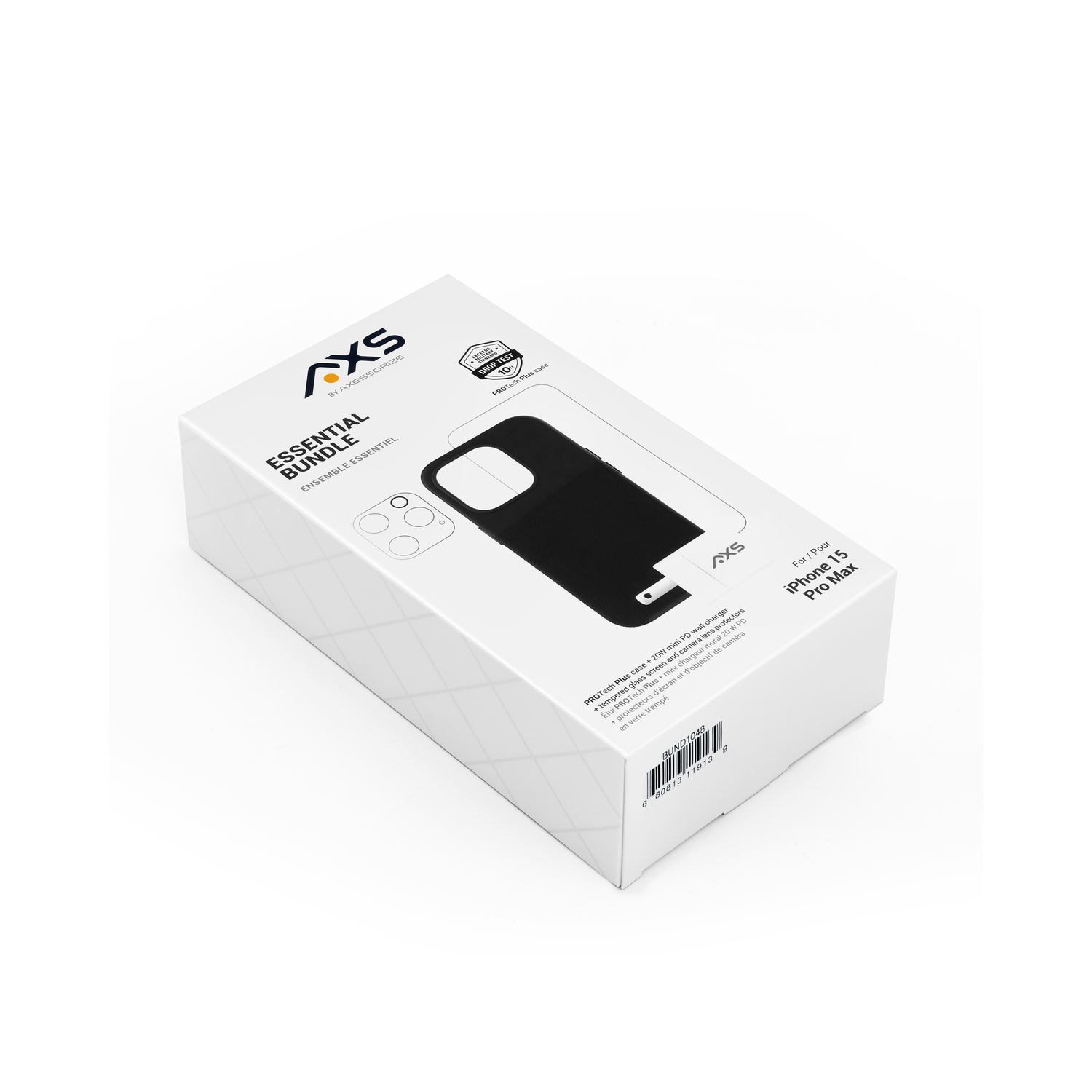 AXS Essential Bundle | PROTech Plus Case, Screen Protectors and 20w Charger for Apple iPhone 15 Pro Max