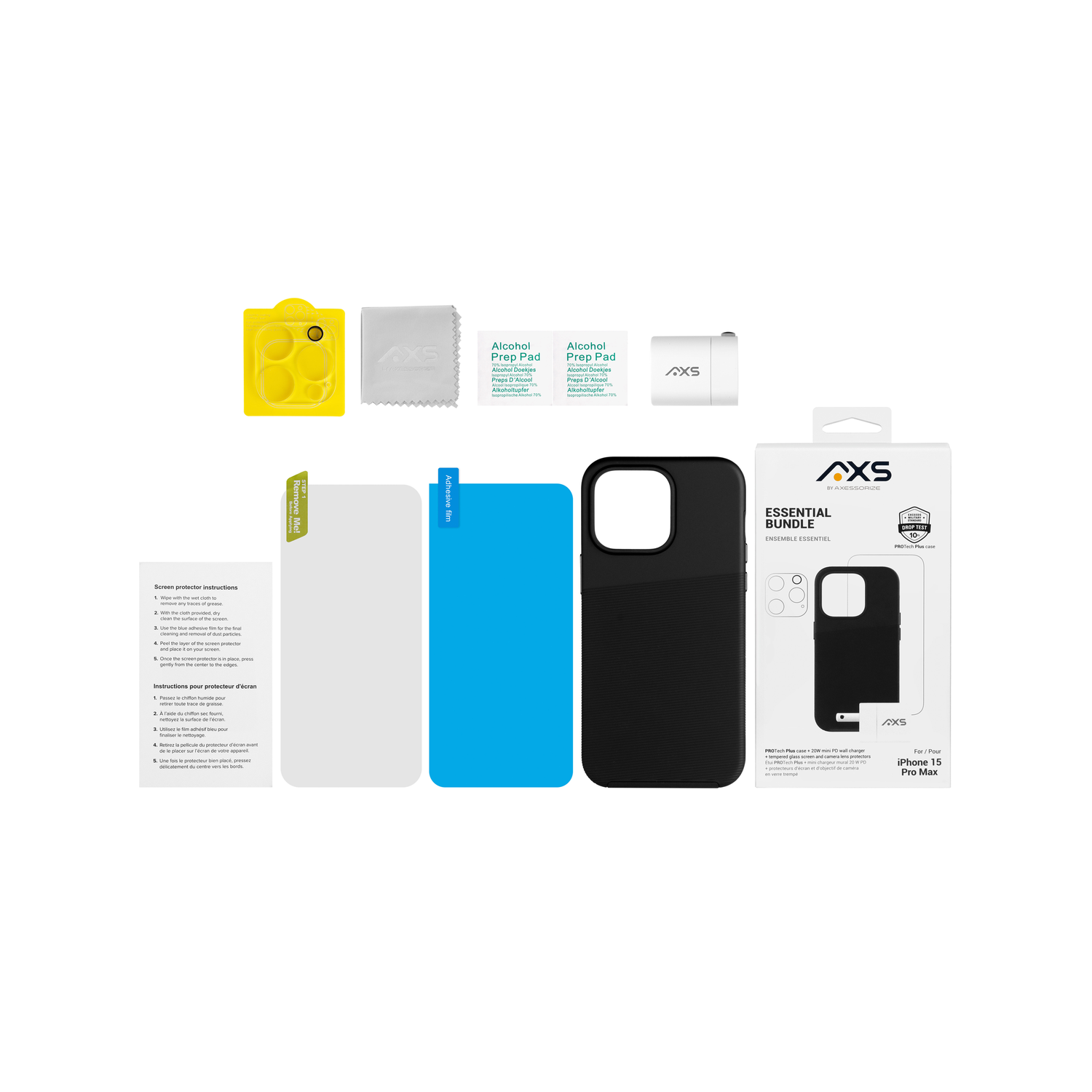 AXS Essential Bundle | PROTech Plus Case, Screen Protectors and 20w Charger for Apple iPhone 15 Pro Max
