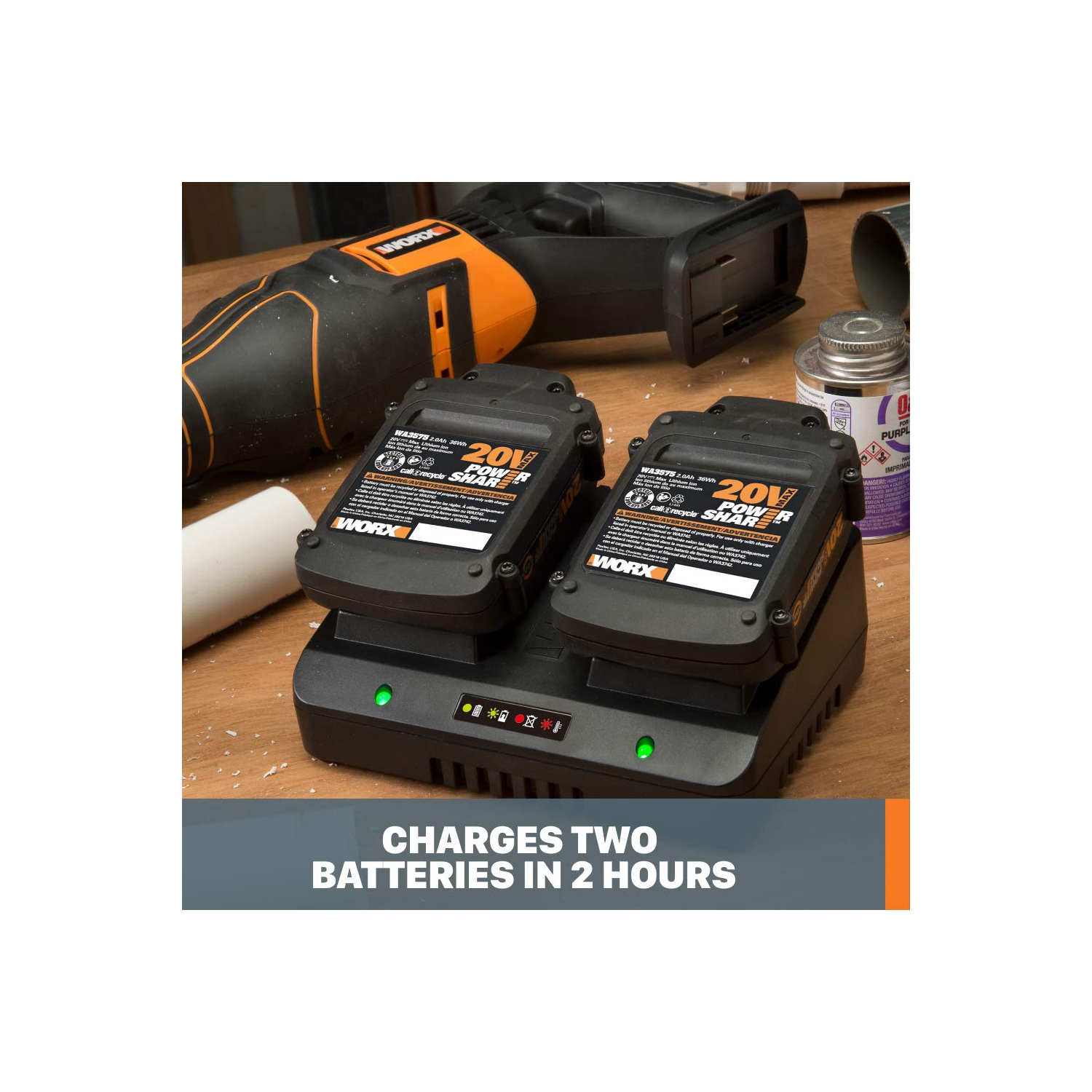 Chargeur de batterie au lithium-ion à deux ports WORX de WA3770 W avec partage d'alimentation 20&nbsp;V et 18&nbsp;V