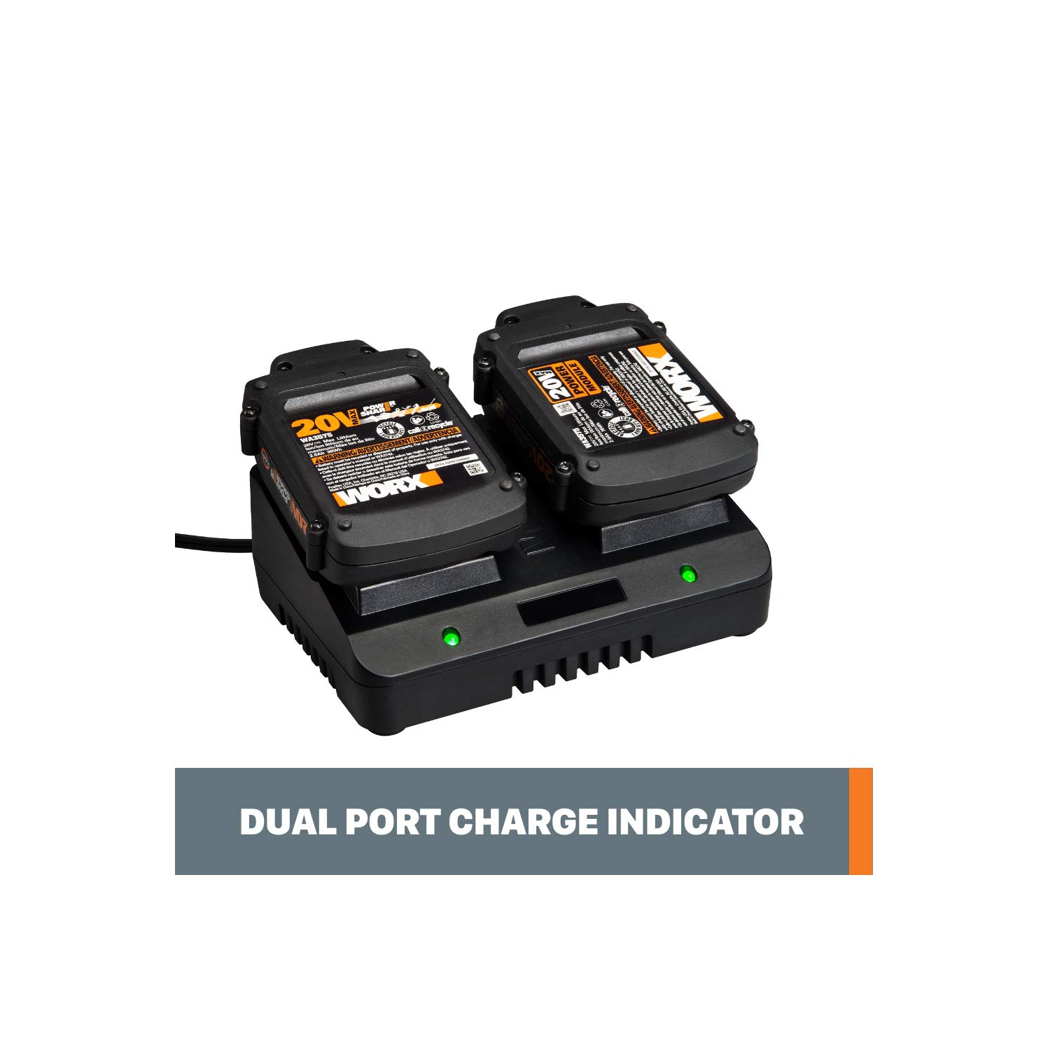 Chargeur de batterie au lithium-ion à deux ports WORX de WA3770 W avec partage d'alimentation 20&nbsp;V et 18&nbsp;V