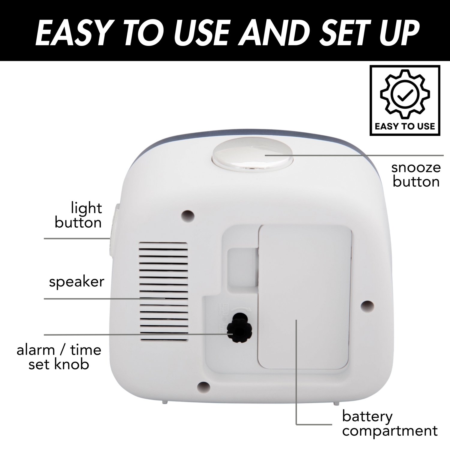 Petit réveille-matin analogique alimenté par piles avec fonctions Snooze et rétroéclairage doux, balayage silencieux, cadran facile à lire
