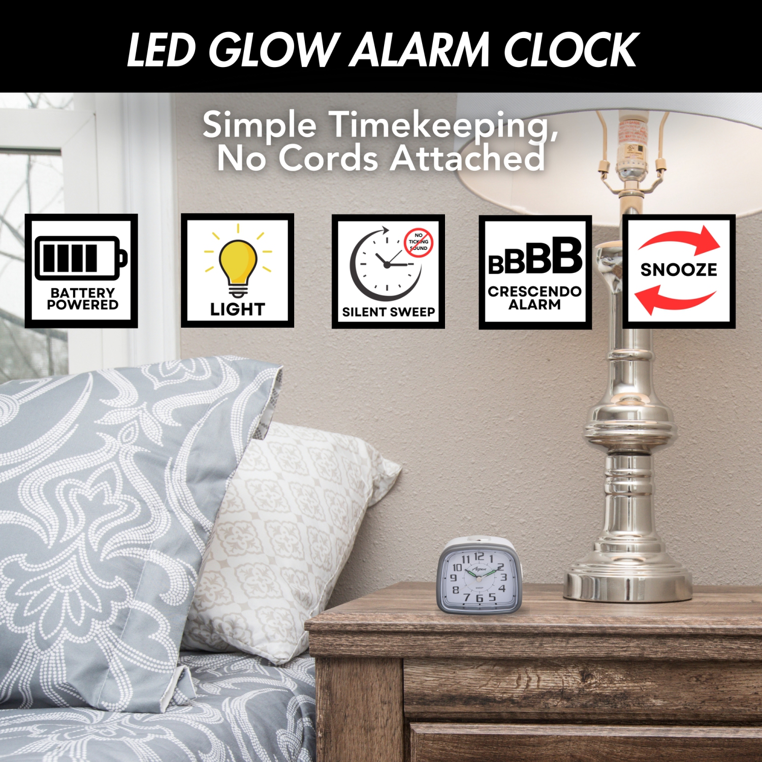 Petit réveille-matin analogique alimenté par piles avec fonctions Snooze et rétroéclairage doux, balayage silencieux, cadran facile à lire