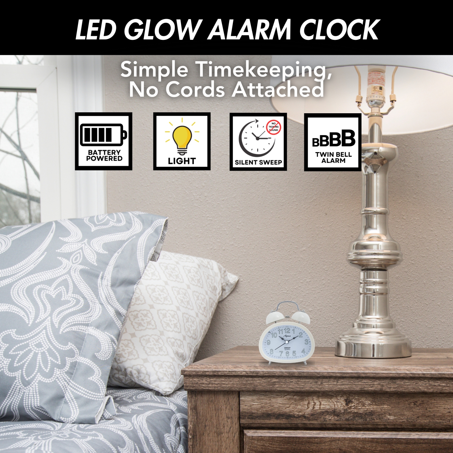 Loud Oval Twin Bell Analog Alarm Clock for Adults and Kids, Soft Backlight, Retro Alarm Clock for Heavy Sleepers, Battery Powered, Easy to Read Dial