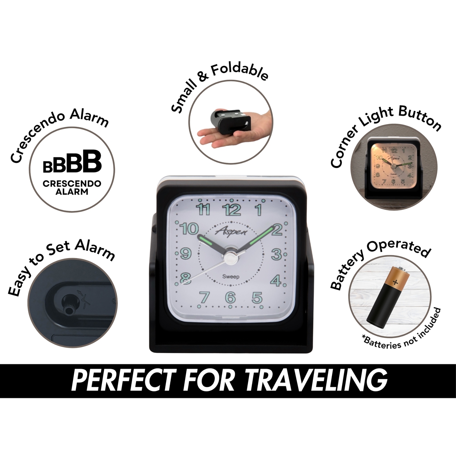 Mini Foldable Analog Travel Alarm Clock - Night Light & Glow-in-the-Dark Hands - Silent Sweep, Battery Powered