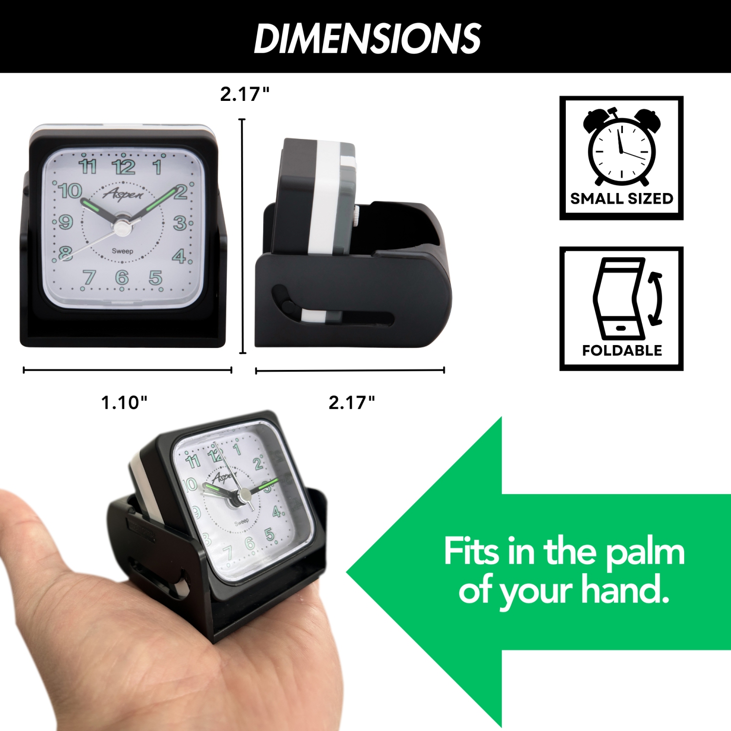 Mini Foldable Analog Travel Alarm Clock - Night Light & Glow-in-the-Dark Hands - Silent Sweep, Battery Powered