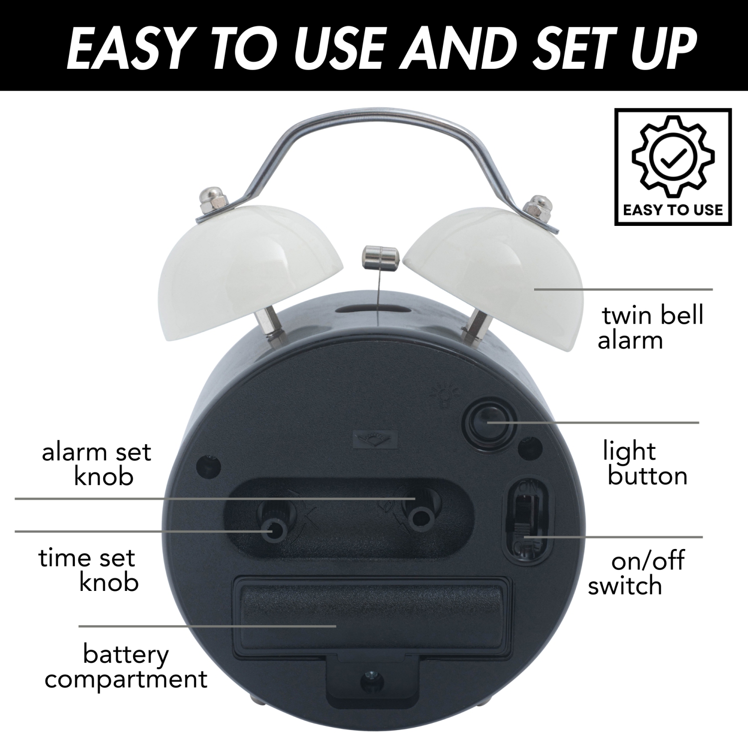 Réveille-matin analogique à deux cloches bruyantes pour adultes et enfants, rétroéclairage doux, réveil rétro pour grands pyjamas, alimentation par
