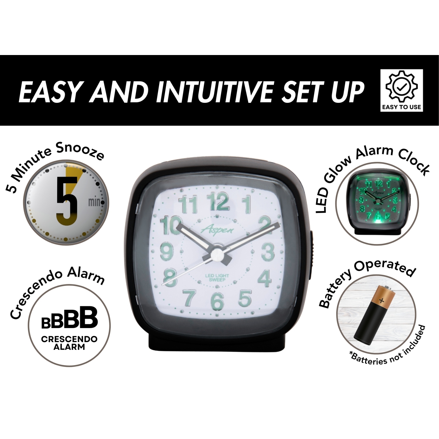 Battery Powered Square Analog Bedside Alarm Clock with Snooze & Green LED Backlight, Silent Sweep, Easy-to-Read Dial