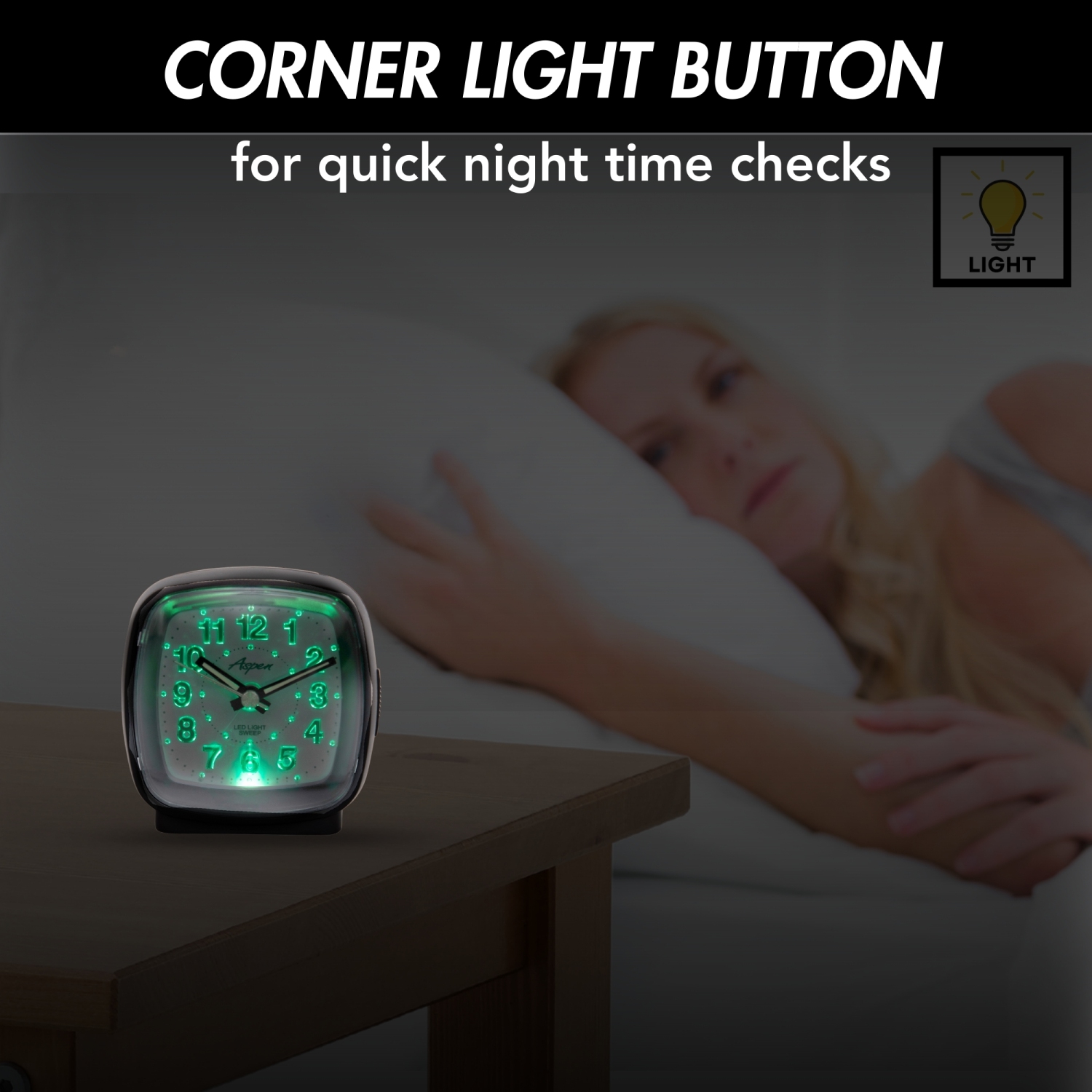 Battery Powered Square Analog Bedside Alarm Clock with Snooze & Green LED Backlight, Silent Sweep, Easy-to-Read Dial