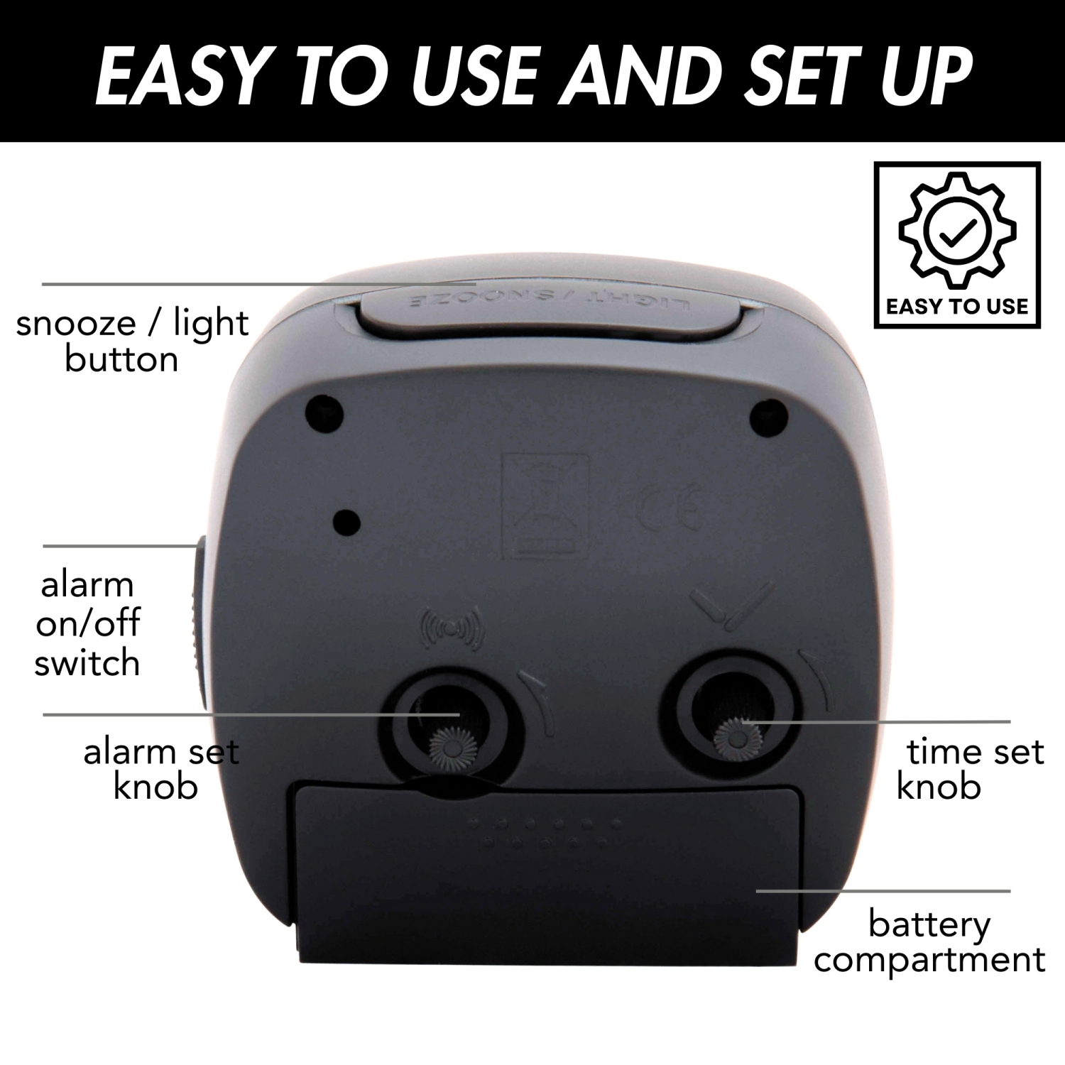 Battery Powered Square Analog Bedside Alarm Clock with Snooze & Green LED Backlight, Silent Sweep, Easy-to-Read Dial