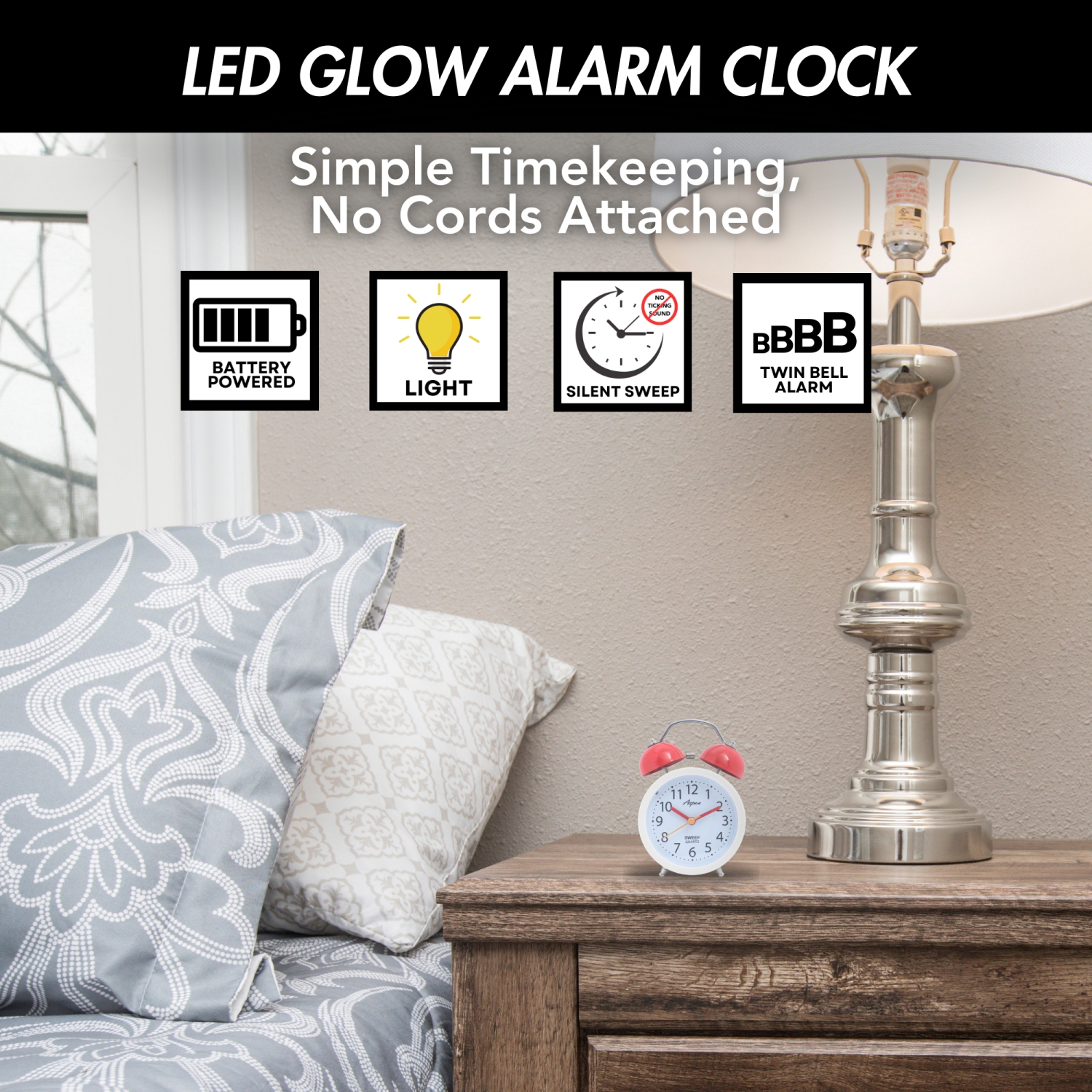 Cute Twin Bell Analog Alarm Clock for Kids, Soft Backlight, Loud Alarm Clock for Heavy Sleepers, Battery Powered, Easy to Read Dial