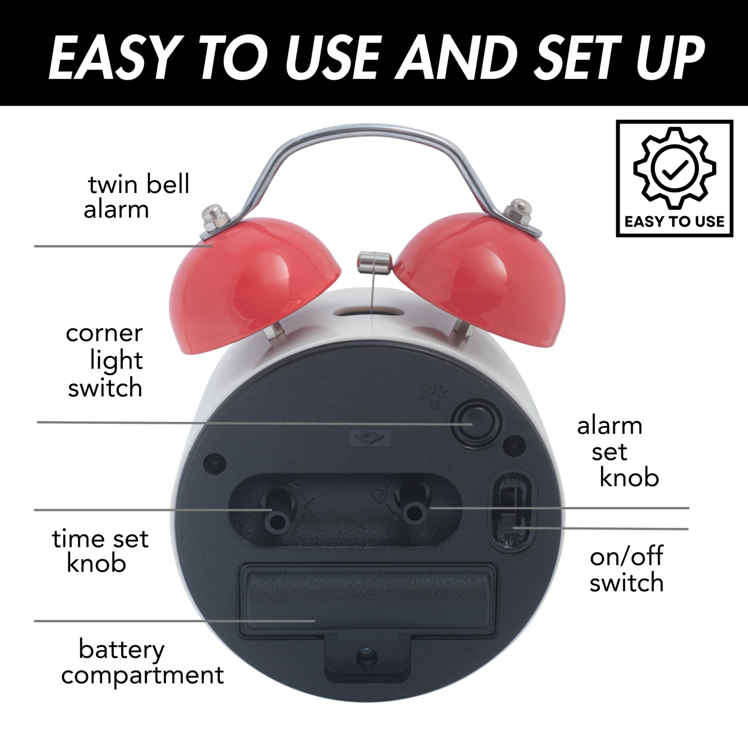 Cute Twin Bell Analog Alarm Clock for Kids, Soft Backlight, Loud Alarm Clock for Heavy Sleepers, Battery Powered, Easy to Read Dial