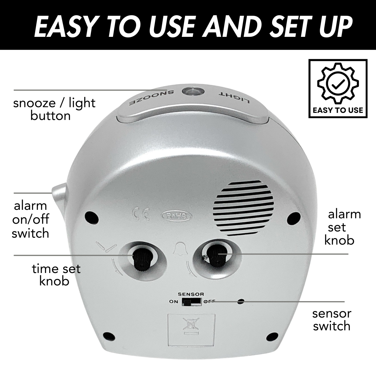 Sensor Night Light, Round Analog Bedside Alarm Clock, Green LED, Snooze, Silent Sweep, Easy-to-Read Dial, Battery Powered