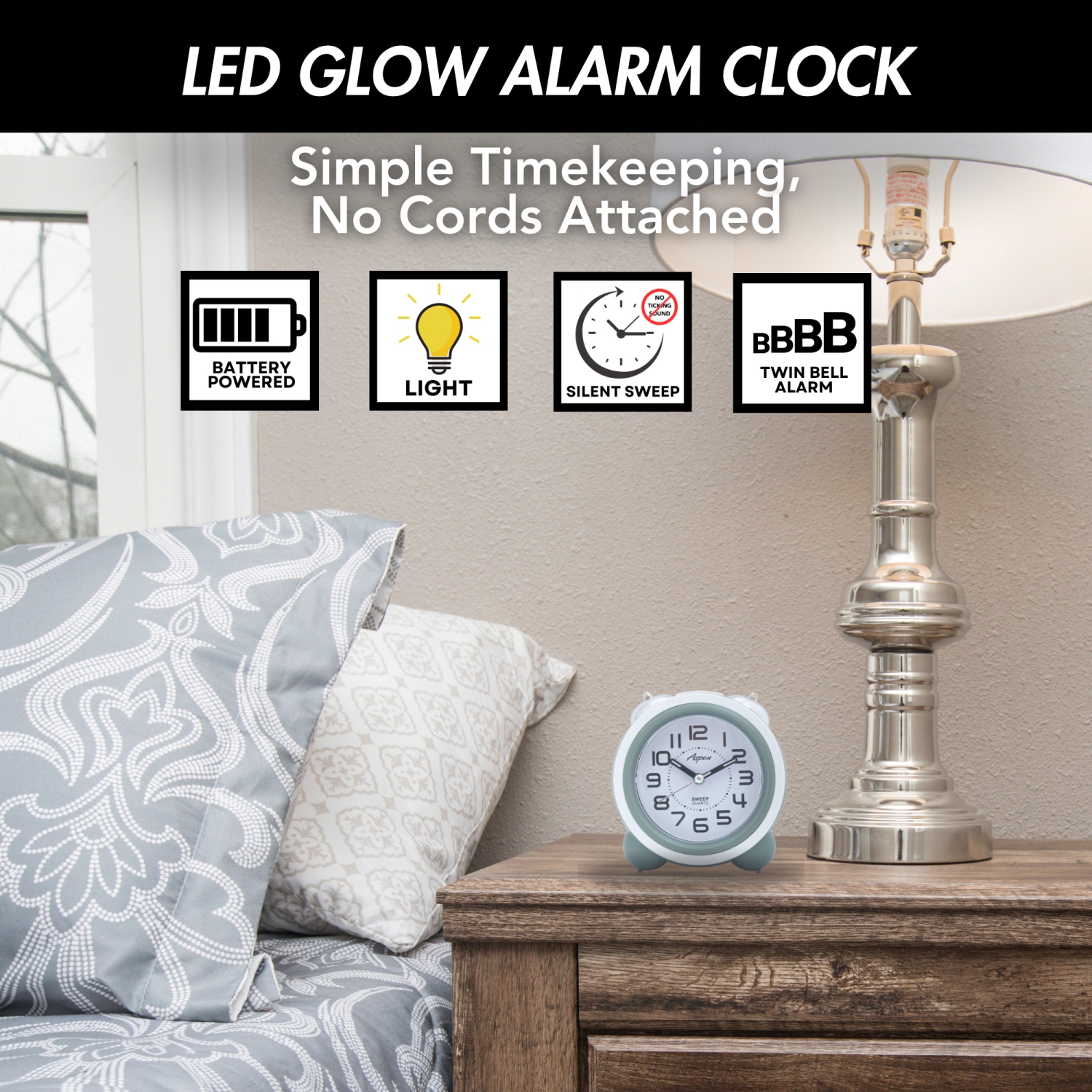 Analog Kids Twin Bell Alarm Clock for Heavy Sleepers - Cute Alarm Clock for Boys or Girls Room, Soft Backlight, No Ticking Sound, Loud Alarm Clock,