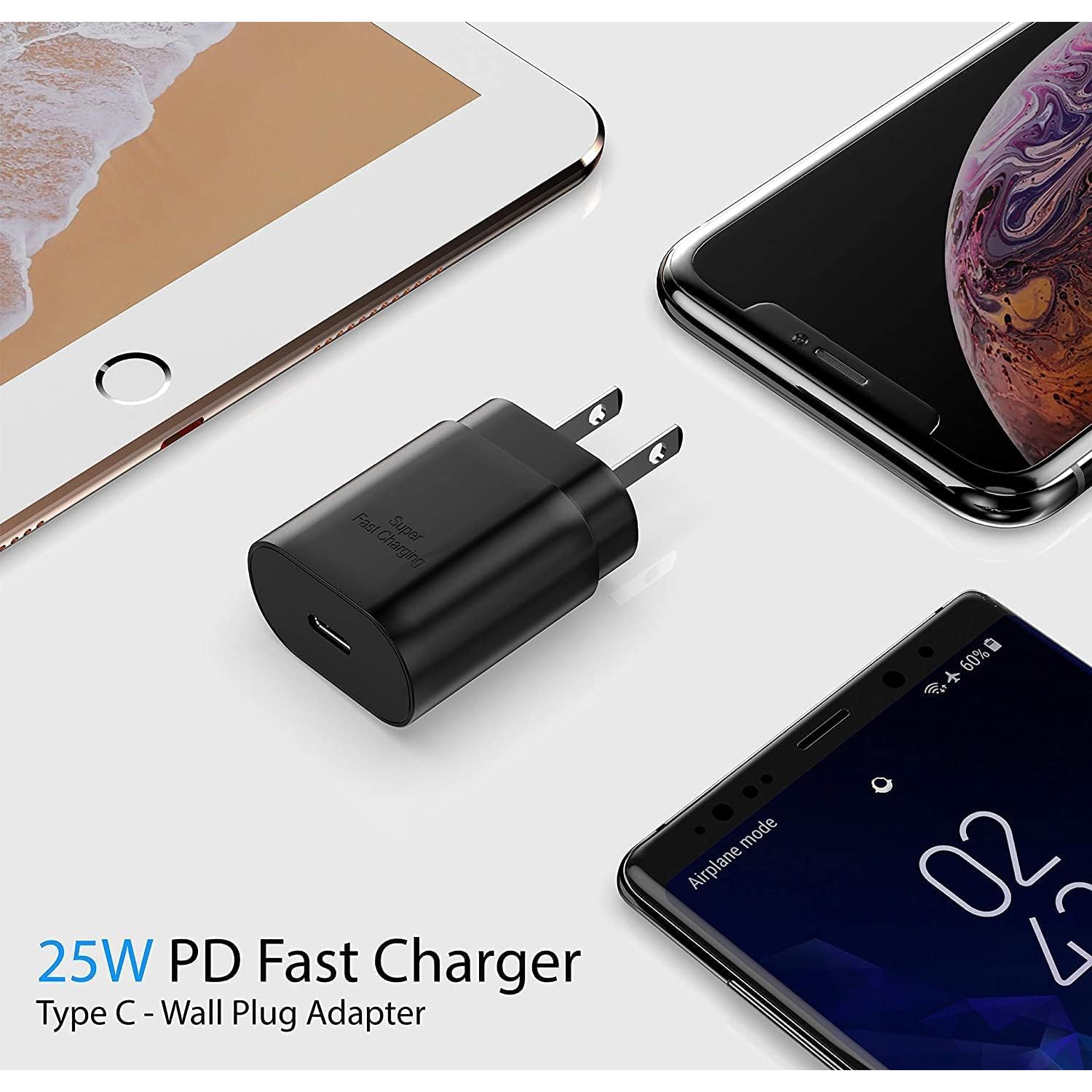 WTECH – Chargeur mural USB-C 25&nbsp;W PD Super Fast charger de type C, adaptateur de chargement rapide pour Galaxy S24, Pixel, Motorola