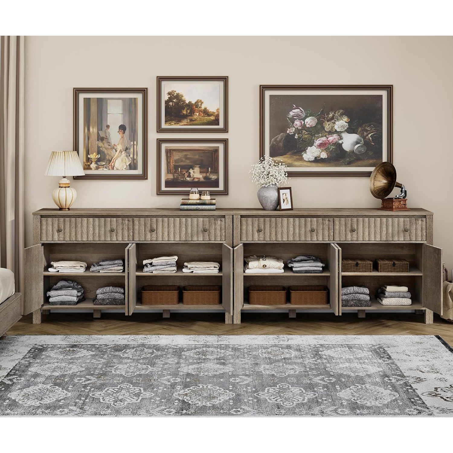 Meuble champêtre pour téléviseur de 114 po et moins de WAMPAT 115, meuble de divertissement gris rétro pour table de télévision 55-115&nbsp;po,