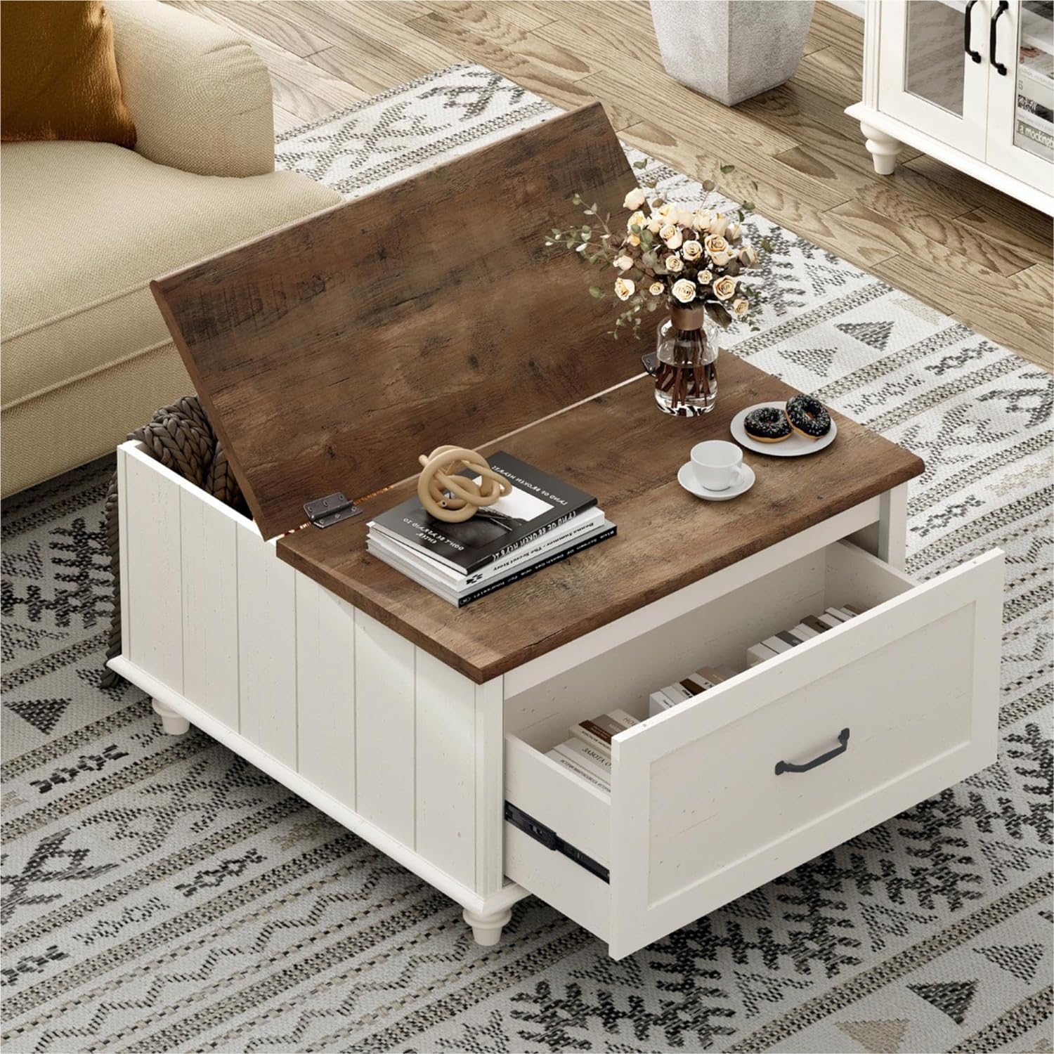 WAMPAT Farmhouse Coffee Table with Gas Struts Flip-Top, Square Wood Center Table with Large Hidden Storage Compartment and Side Drawer for Living