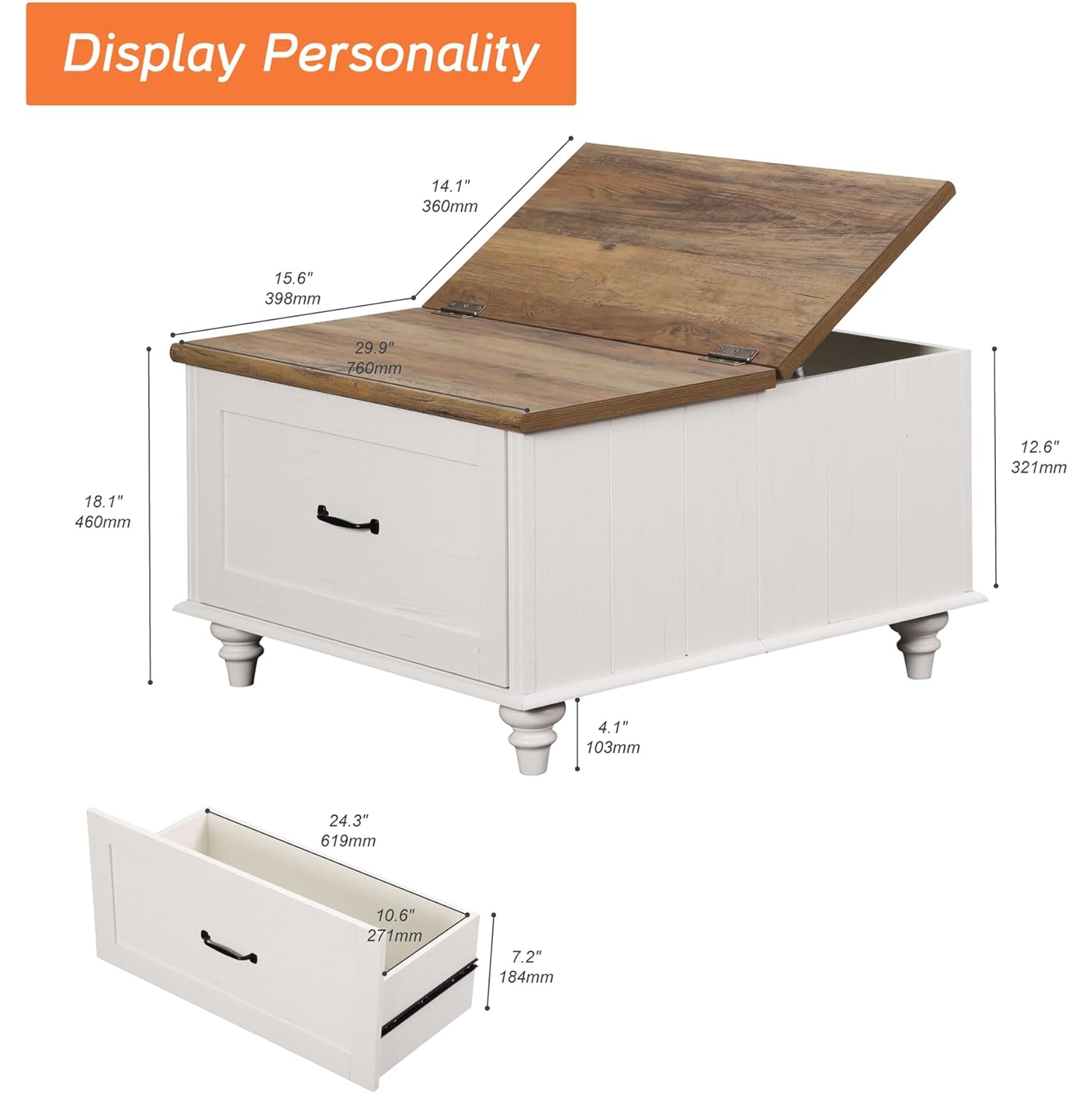 WAMPAT Farmhouse Coffee Table with Gas Struts Flip-Top, Square Wood Center Table with Large Hidden Storage Compartment and Side Drawer for Living