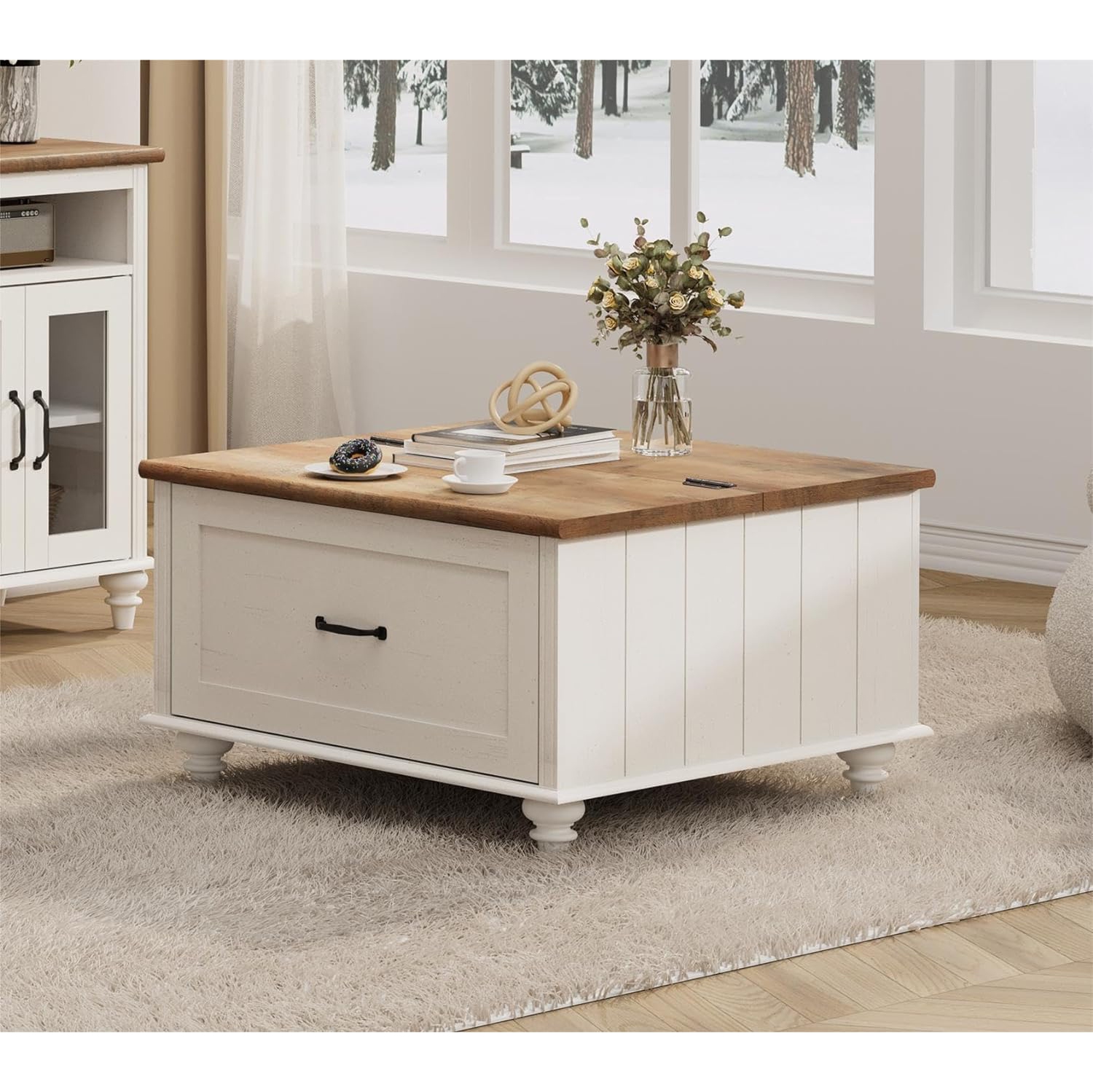 WAMPAT Farmhouse Coffee Table with Gas Struts Flip-Top, Square Wood Center Table with Large Hidden Storage Compartment and Side Drawer for Living