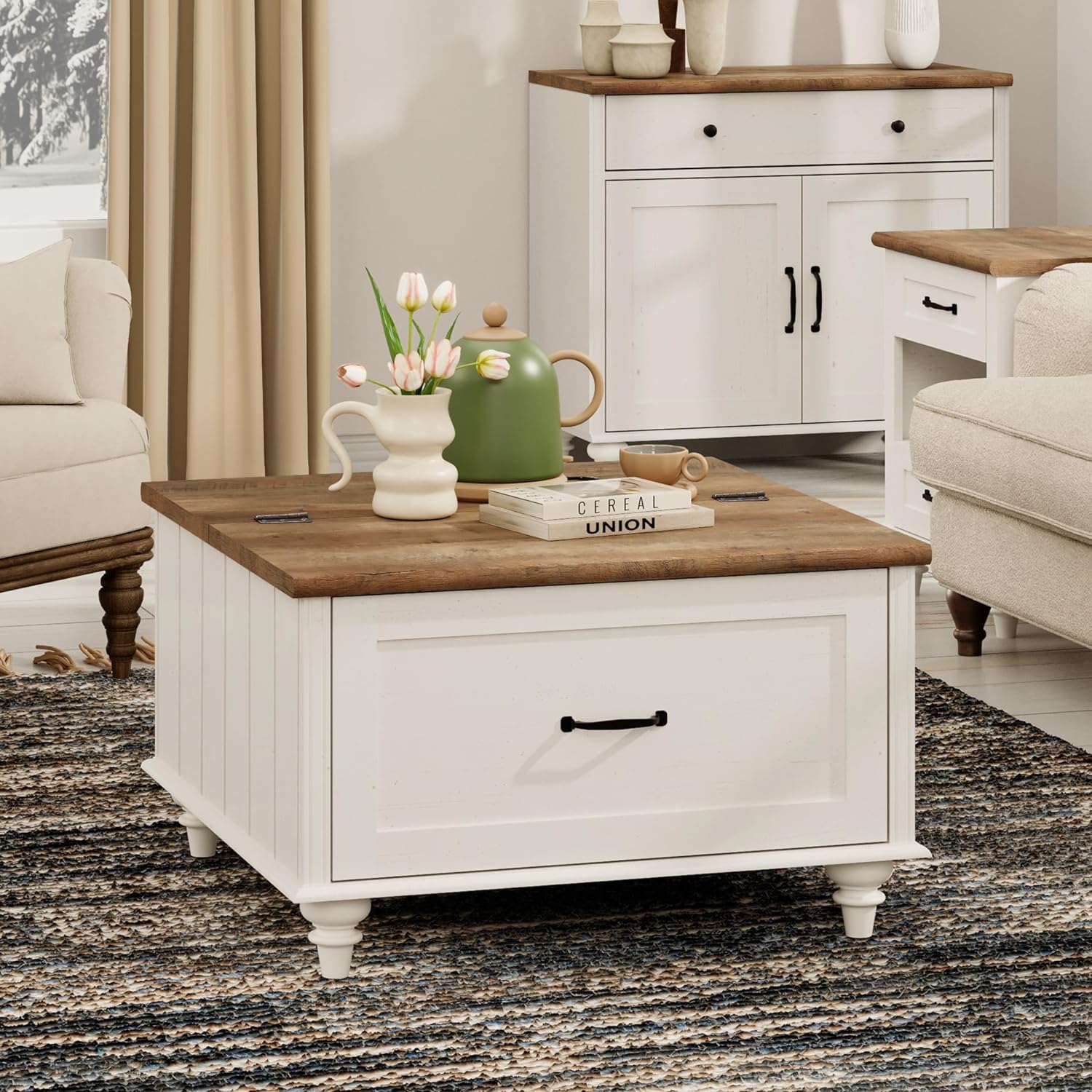 WAMPAT Farmhouse Coffee Table with Gas Struts Flip-Top, Square Wood Center Table with Large Hidden Storage Compartment and Side Drawer for Living