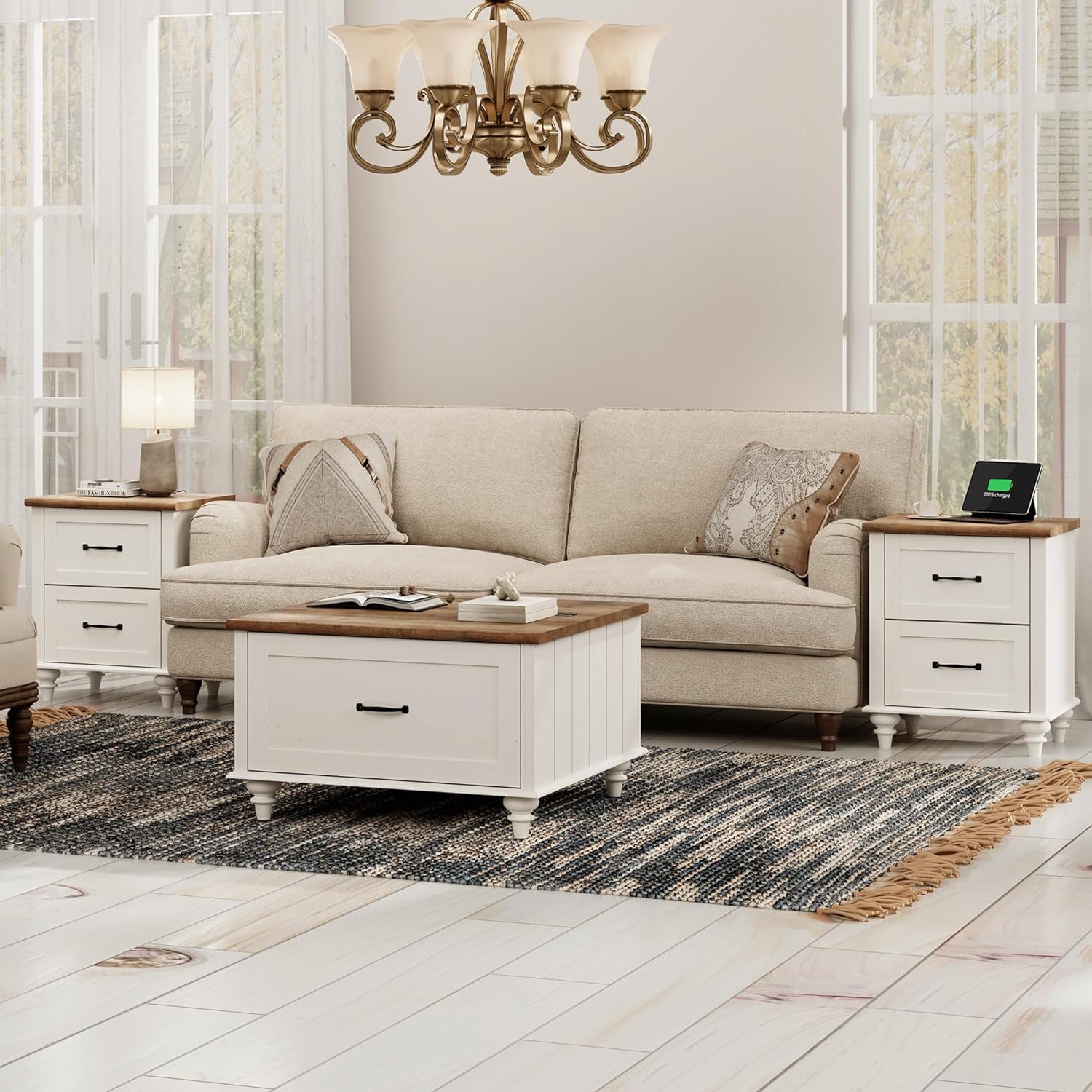 WAMPAT Farmhouse Coffee Table with Gas Struts Flip-Top, Square Wood Center Table with Large Hidden Storage Compartment and Side Drawer for Living