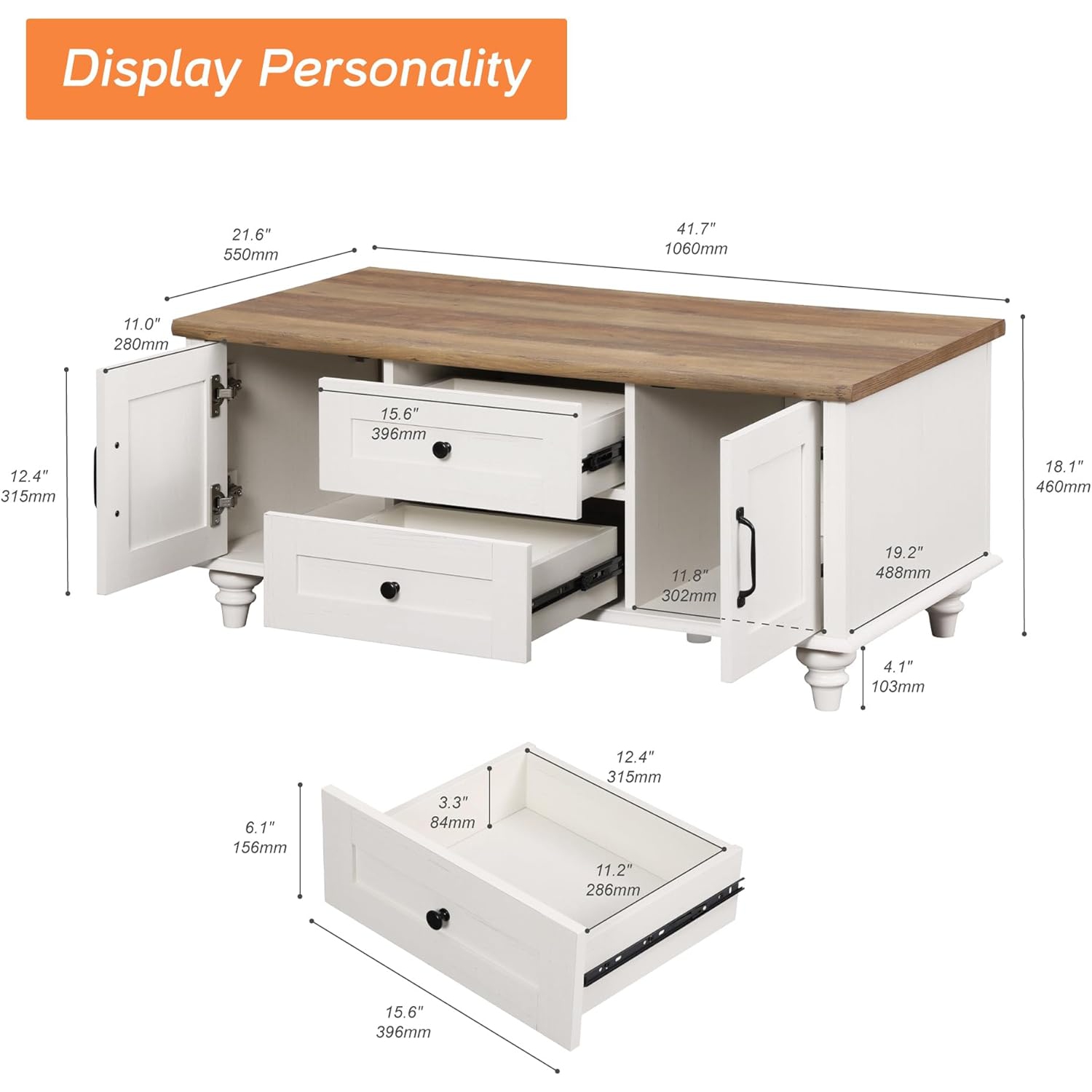 Table basse champêtre WAMPAT avec deux tiroirs et deux portes, tables rectangulaires en bois avec armoire de rangement, tables de salon centrales,