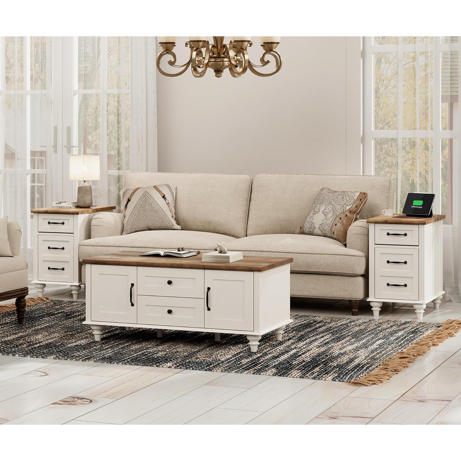 Table basse champêtre WAMPAT avec deux tiroirs et deux portes, tables rectangulaires en bois avec armoire de rangement, tables de salon centrales,