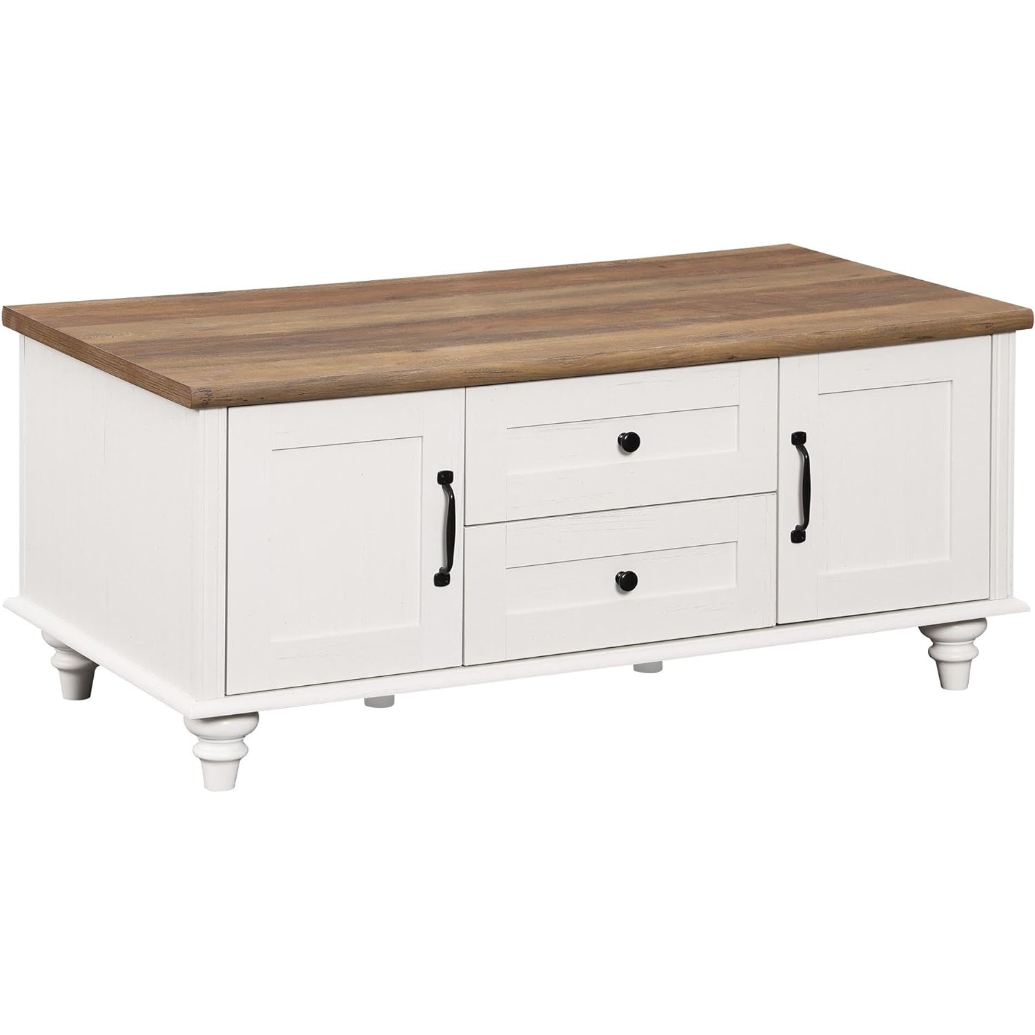 Table basse champêtre WAMPAT avec deux tiroirs et deux portes, tables rectangulaires en bois avec armoire de rangement, tables de salon centrales,