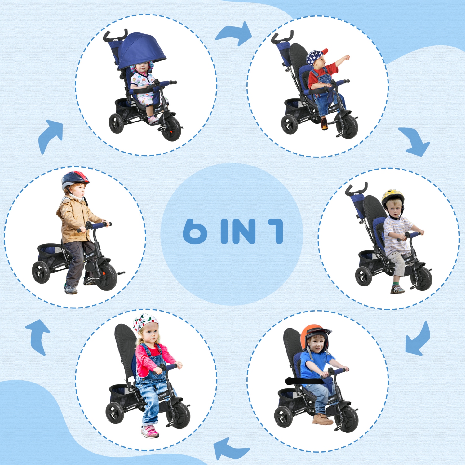 Qaba 6 in 1 Toddler Tricycle, Kids Trike with Foldable Canopy, Removable Parent-Push Handle and Cover, Storage Basket, 5-Point Safety Belt, for Child