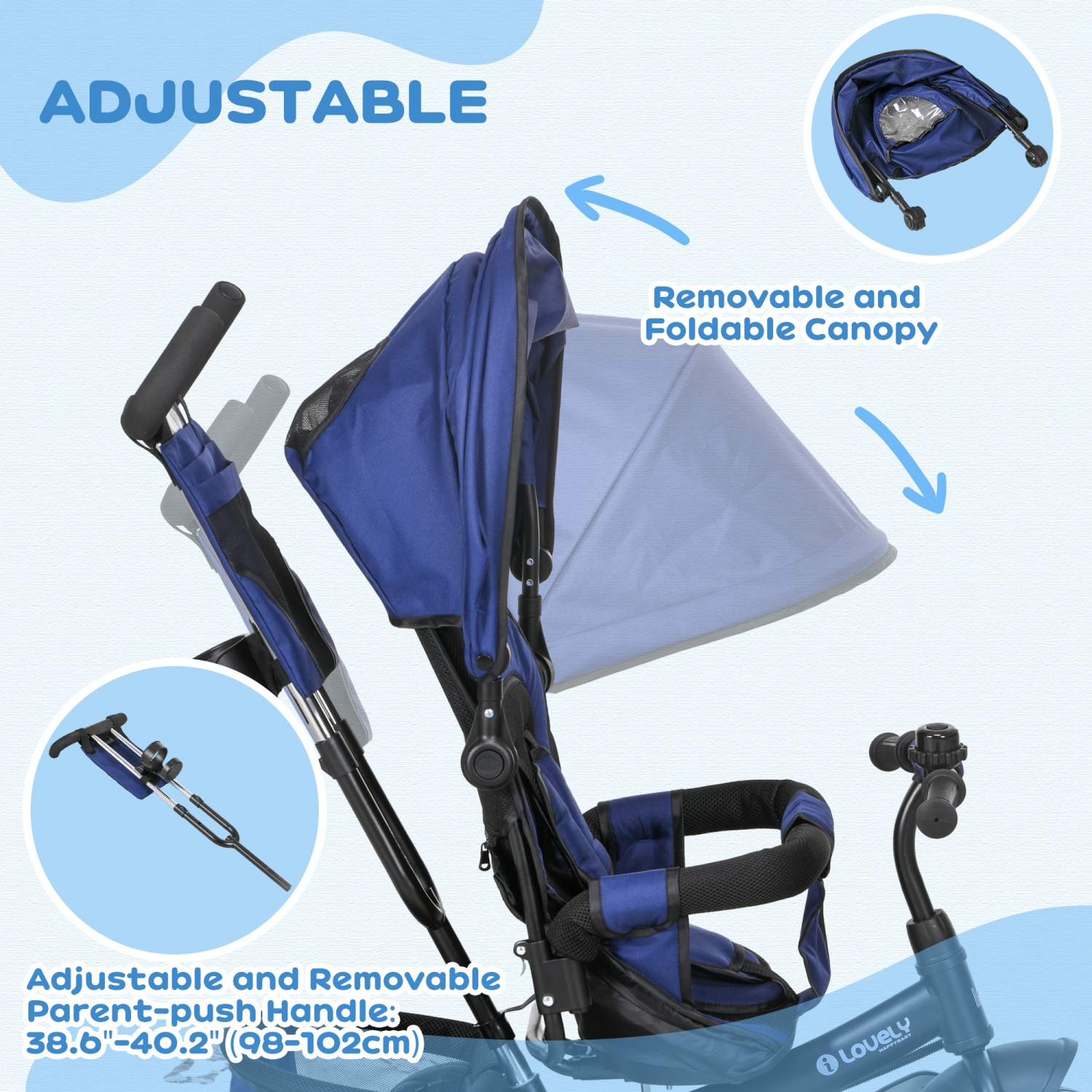 Qaba 6 in 1 Toddler Tricycle, Kids Trike with Foldable Canopy, Removable Parent-Push Handle and Cover, Storage Basket, 5-Point Safety Belt, for Child