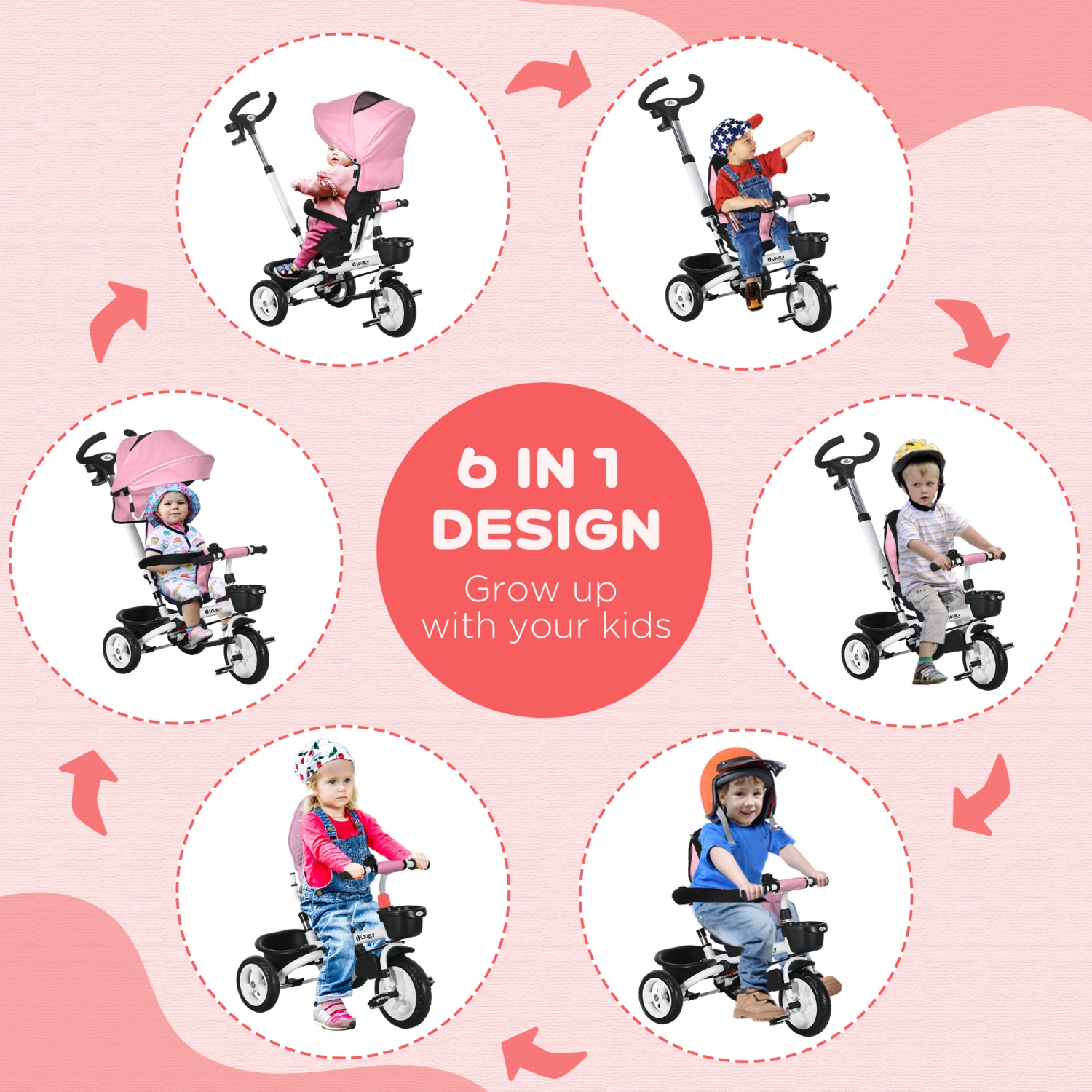 Qaba Toddler Tricycle, 6 in 1 Stroller Bike with Parent Push Handle, Canopy, Storage Baskets, Cupholder, Safety Guardrail and 5-Point Safety Belt,