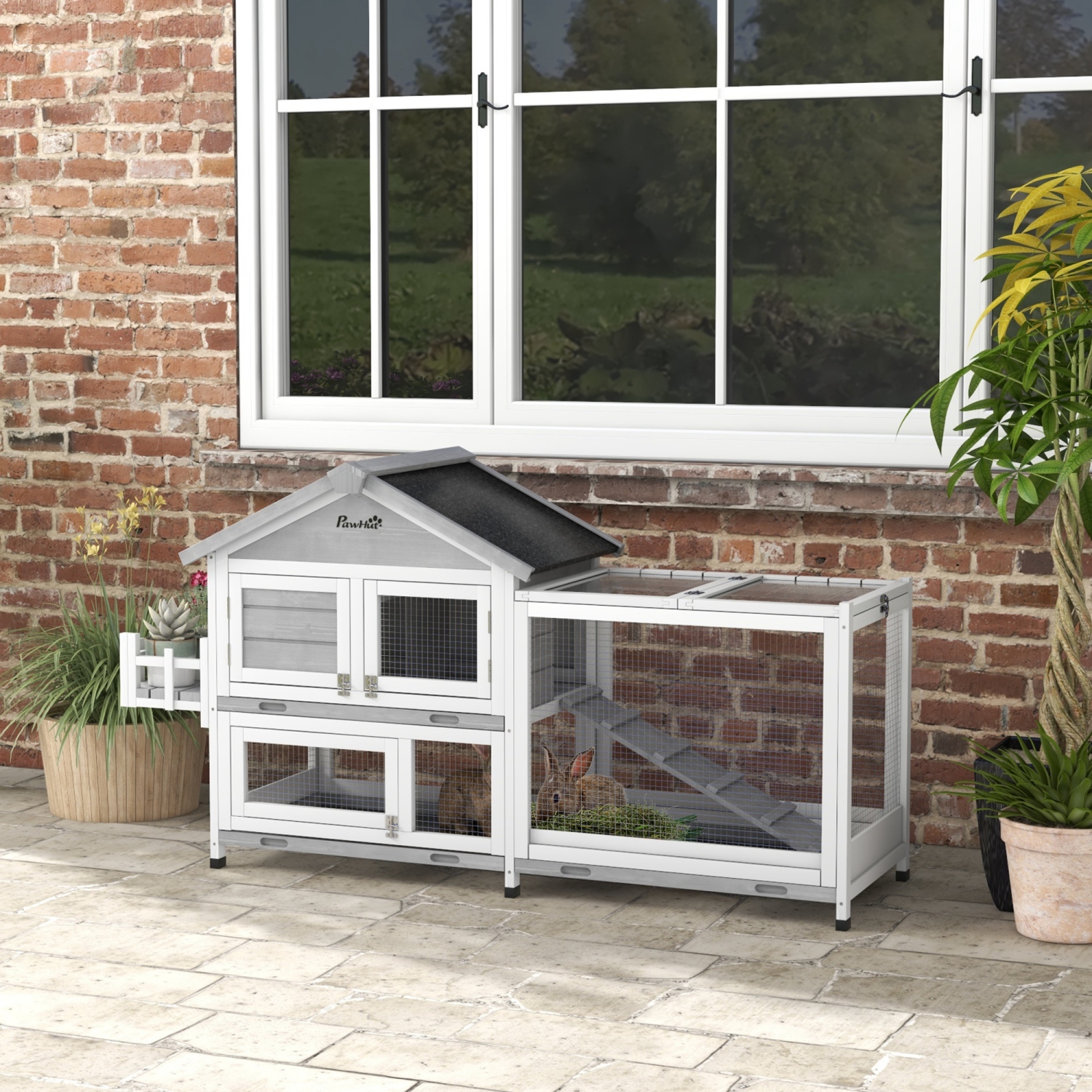 PawHut 65" Wooden Rabbit Hutch, Pet Playpen with Openable Roof, Bunny House Enclosure with Storage Box, Slide-out Tray, Ramp, for Rabbits and Small